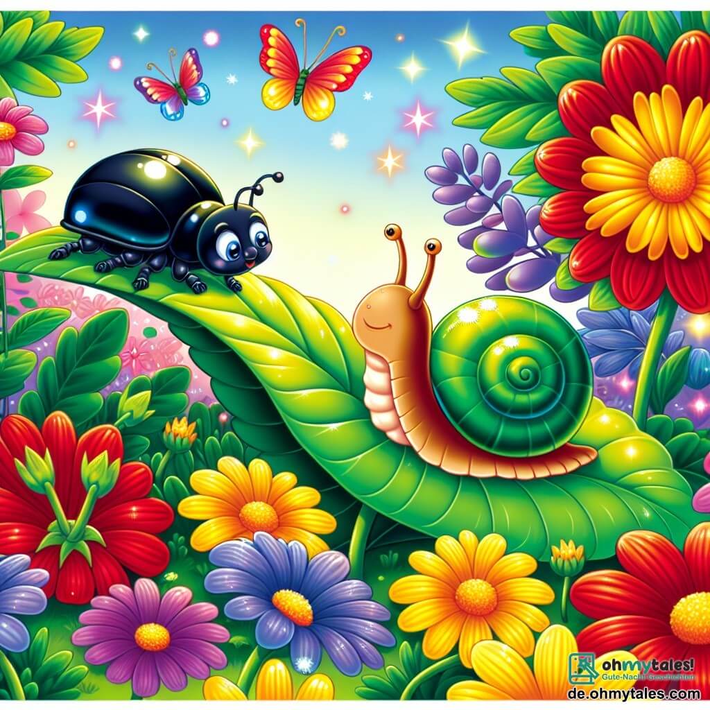 Eine Illustration zeigt einen bunten und lebhaften Garten, gefüllt mit strahlenden Blumen in Rot, Gelb und Violett, mit glänzend grünen Blättern, die im Sonnenlicht schimmern. In der Mitte kriecht eine kleine Schnecke mit einer leuchtend grünen Spiralenschale langsam über ein großes Blatt, ihre neugierigen Augen beobachten eine wunderschöne Blume, die sanft im Wind wiegt. In der Nähe schaut ein kleines Insekt, ein junger Käfer mit glänzend schwarzem Panzer und zarten Fühlern, die Schnecke mit hoffnungsvollen Augen an, scheinbar verloren und besorgt. Die Szene strahlt eine Atmosphäre von Kameradschaft und Entdeckung aus, während die Schnecke entschlossen ist, dem Käfer zu helfen, seinen Weg zurückzufinden, erleuchtet vom sanften Licht der Dämmerung. Bunte Schmetterlinge fliegen herum und verleihen dieser freundlichen Begegnung einen Hauch von Magie.