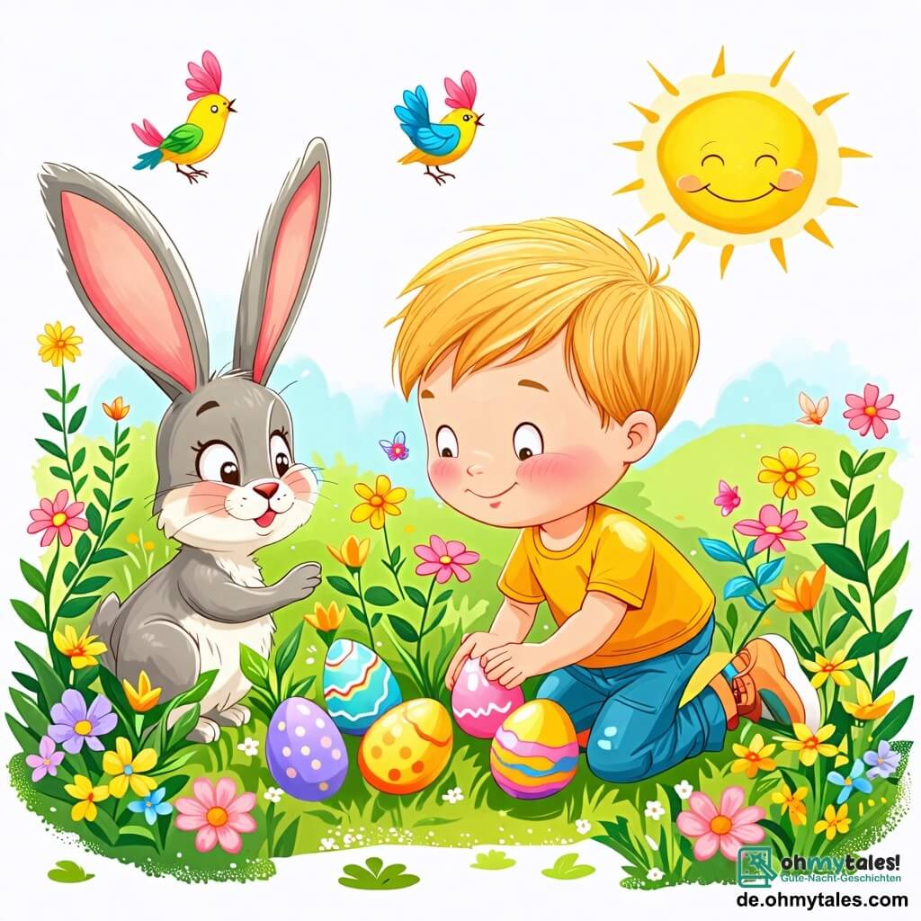 Une illustration sous forme de dessin destinée aux enfants représentant un jardin ensoleillé rempli de fleurs colorées, où un petit garçon de 2 ans aux cheveux blonds et aux yeux pétillants s'amuse à cacher des œufs de Pâques sous des feuilles vertes, tandis qu'un adorable lapin de Pâques aux grandes oreilles et au pelage doux l'observe avec un sourire joyeux, et un petit oiseau aux plumes vives vole autour d'eux, ajoutant une touche de magie à cette joyeuse chasse aux œufs.
