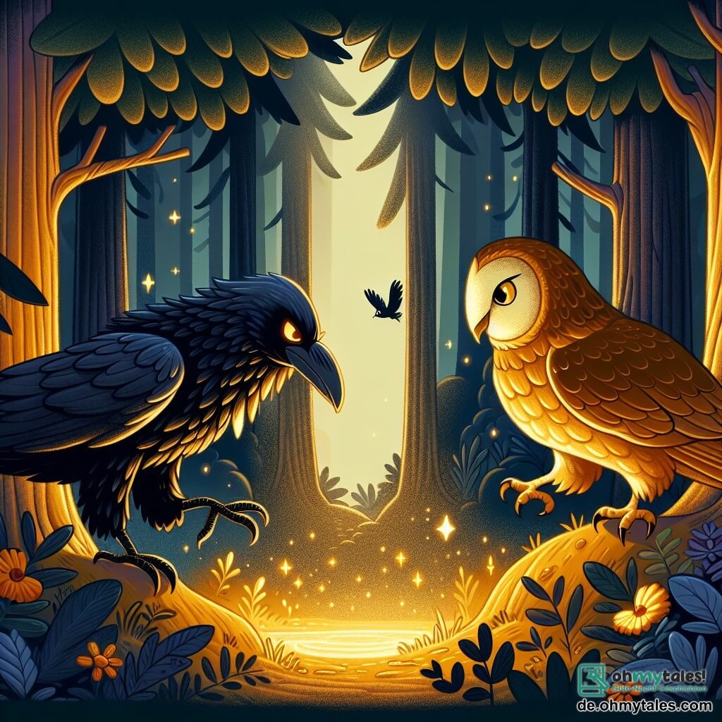 Une illustration destinée aux enfants représentant un corbeau malin et fier, faisant face à une épreuve mystérieuse avec l'aide d'une majestueuse chouette sage, sur une clairière enchantée baignée de lumière dorée au cœur d'une forêt dense et sombre.