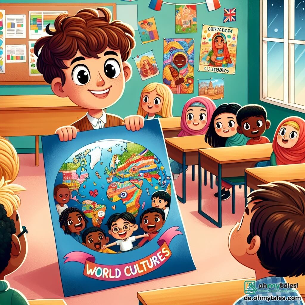 Une illustration sous forme de dessin destinée aux enfants représentant une salle de classe colorée et accueillante, avec des affiches sur les murs célébrant la diversité culturelle ; au premier plan, un garçon de 11 ans aux cheveux bouclés et bruns, souriant et tenant un grand poster sur les cultures du monde, tandis qu'à côté de lui, un garçon de 12 ans aux cheveux blonds et aux yeux pétillants, enthousiaste, regarde le poster avec admiration ; en arrière-plan, d'autres élèves de différentes origines ethniques, dont une fille aux cheveux noirs et à la peau mate, écoutent attentivement, tandis qu'une atmosphère de camaraderie et de respect règne, illustrant l'importance de l'acceptation et de l'amitié entre les cultures.