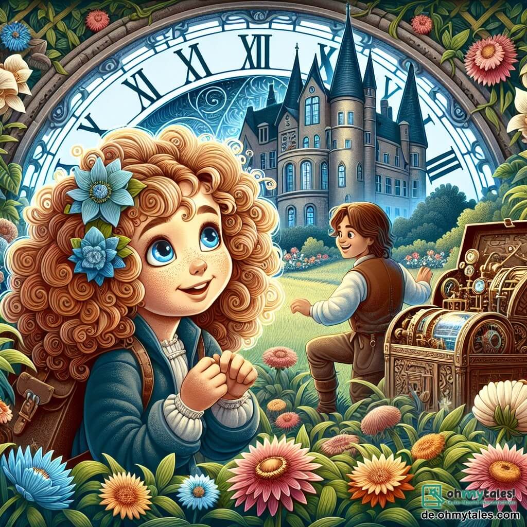 Une illustration destinée aux enfants représentant une petite fille aux cheveux bouclés et aux yeux pétillants, plongée dans un vaste et mystérieux jardin d'un ancien château où chaque fleur semble chuchoter des secrets du passé, alors qu'elle découvre une étrange machine à voyager dans le temps, accompagnée d'un garçon curieux et souriant qui l'aide dans cette aventure fascinante.