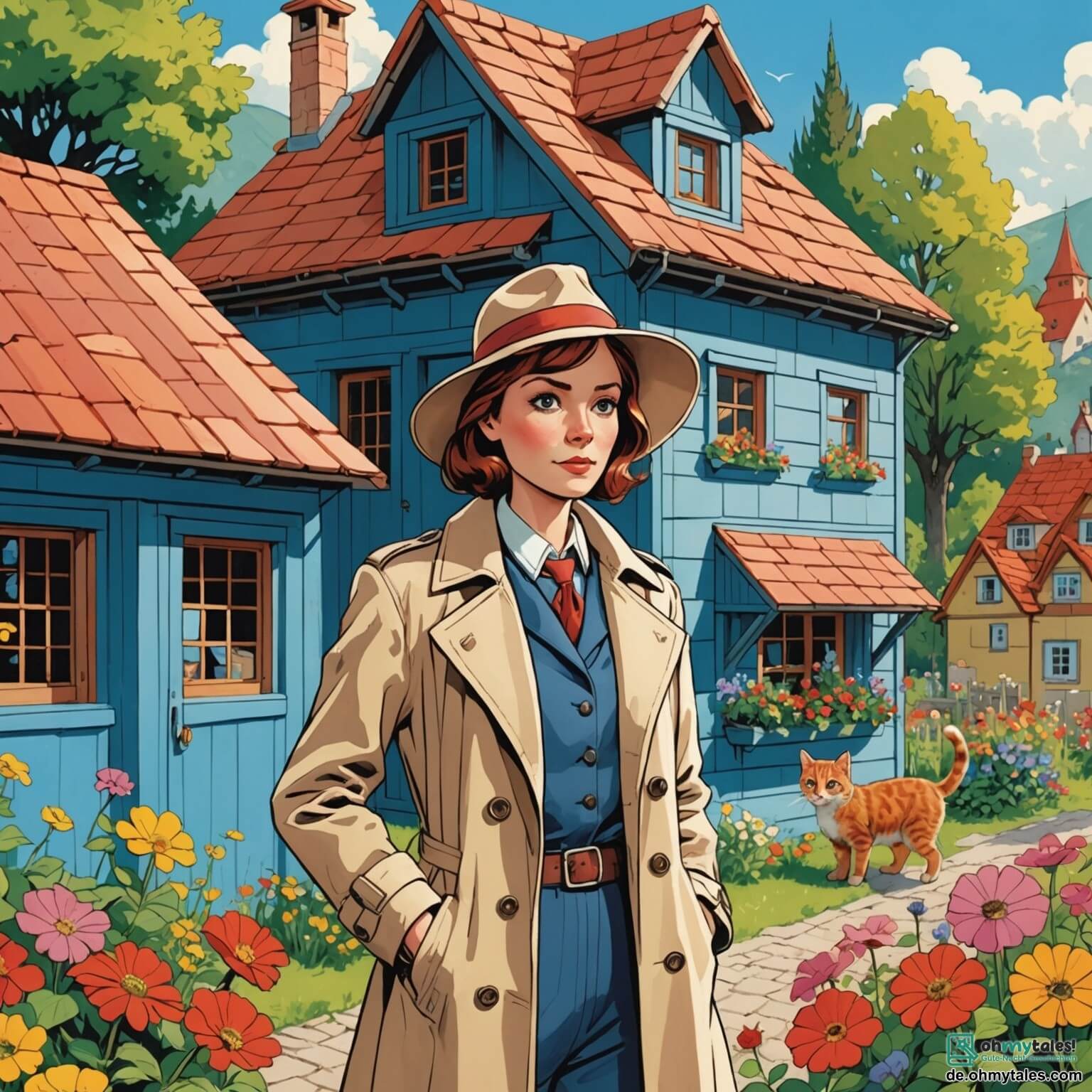 Une illustration destinée aux enfants représentant une femme détective au regard perçant, vêtue d'un trench-coat beige, se tenant dans une petite hutte bleue au toit en tuiles rouges, entourée de fleurs colorées et d'arbres verdoyants, alors qu'elle se prépare à résoudre le mystère de la disparition d'un chat, avec l'aide d'un jeune garçon curieux à ses côtés, dans le charmant village ensoleillé de Mühlenstadt où les ruelles pavées serpentent entre des maisons à colombages.