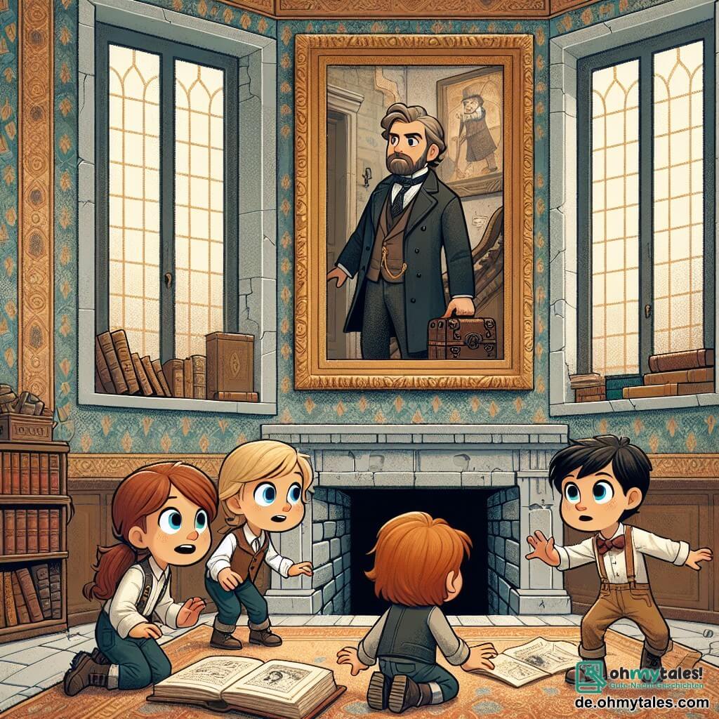 Une illustration sous forme de dessin destinée aux enfants représentant l'intérieur d'une vieille villa abandonnée avec des murs ornés de tapisserie décolorée et un grand tableau d'un homme en costume, où un groupe de quatre enfants de 7 ans, deux filles aux cheveux bruns et blonds, et deux garçons aux cheveux noirs et roux, se tiennent ensemble, l'un d'eux tenant un vieux livre ouvert, tandis que les autres regardent avec curiosité une trappe secrète derrière un tableau, illustrant leur aventure de petits enquêteurs à la recherche d'un trésor caché.