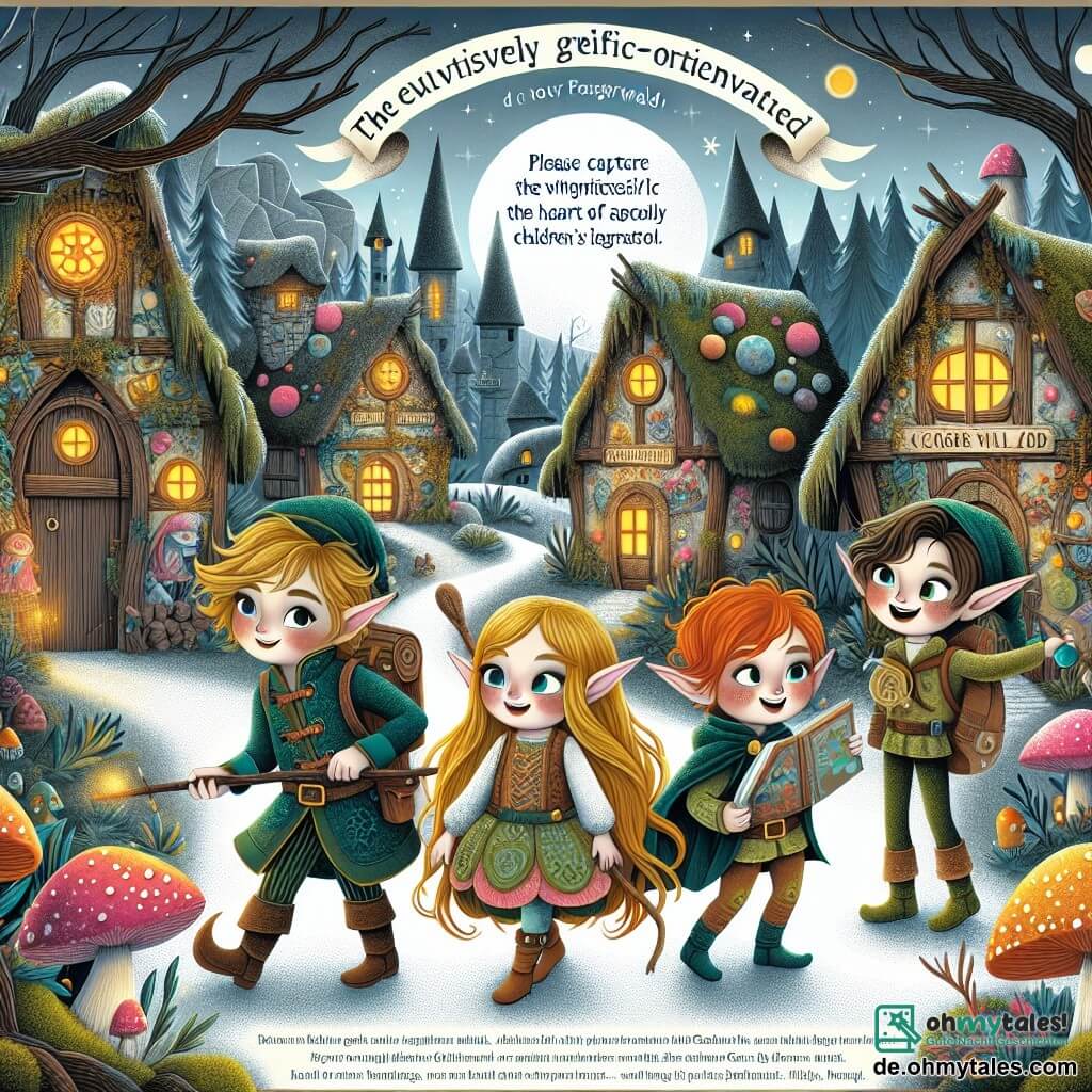 Une illustration destinée aux enfants représentant un lutin garçon, avide d'aventure, accompagné de ses amis lutins, une fille aux longs cheveux dorés, un garçon malin et une artiste talentueuse, explorant un mystérieux village de lutins caché au cœur du Zauberwald, où les maisons sont construites en moos, en branches et en champignons colorés qui brillent sous le clair de lune.