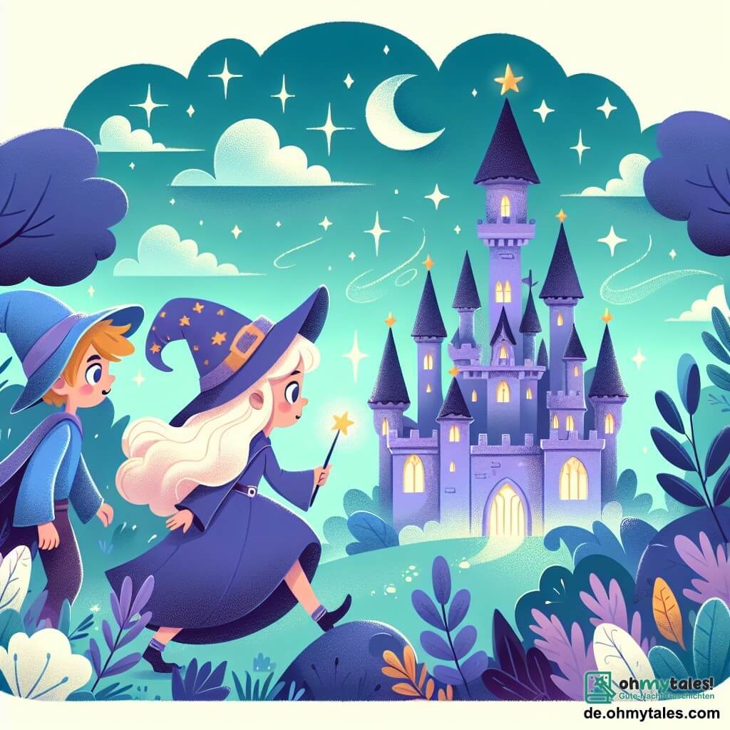 Une illustration destinée aux enfants représentant un jeune sorcier, accompagné d'une gentille sorcière, explorant un château magique aux tours scintillantes, cachant un secret ancien, dans une terre lointaine pleine de mystères et de magie.