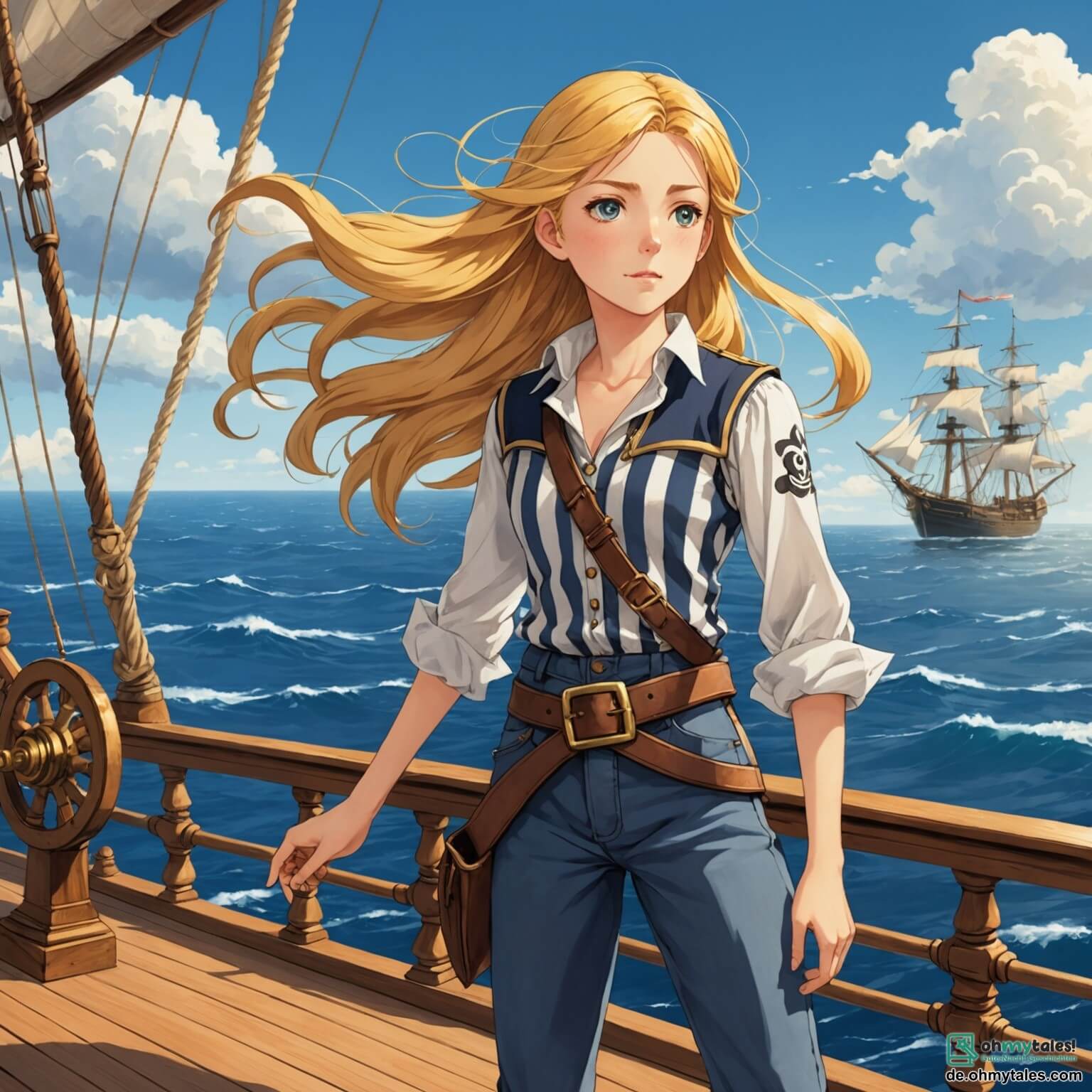 Une illustration destinée aux enfants représentant une jeune femme intrépide aux cheveux dorés flottant au vent, vêtue d'un pantalon en toile et d'une chemise à rayures, se tenant fièrement sur le pont du navire « Sturmwind », un magnifique vaisseau pirate aux voiles blanches qui se déploient majestueusement sous le soleil éclatant, tandis qu'elle scrute l'horizon d'un bleu profond, entourée de ses deux fidèles amis : un garçon timide aux yeux brillants, qui manie le gouvernail avec détermination, et une fille joyeuse à la chevelure bouclée, qui rit aux éclats tout en brandissant une carte au trésor, alors qu'ils naviguent ensemble vers l'île mystérieuse de Koralien, bordée de palmiers verdoyants et de plages de sable doré, où des secrets enchâssés dans des grottes scintillantes attendent d'être découverts.