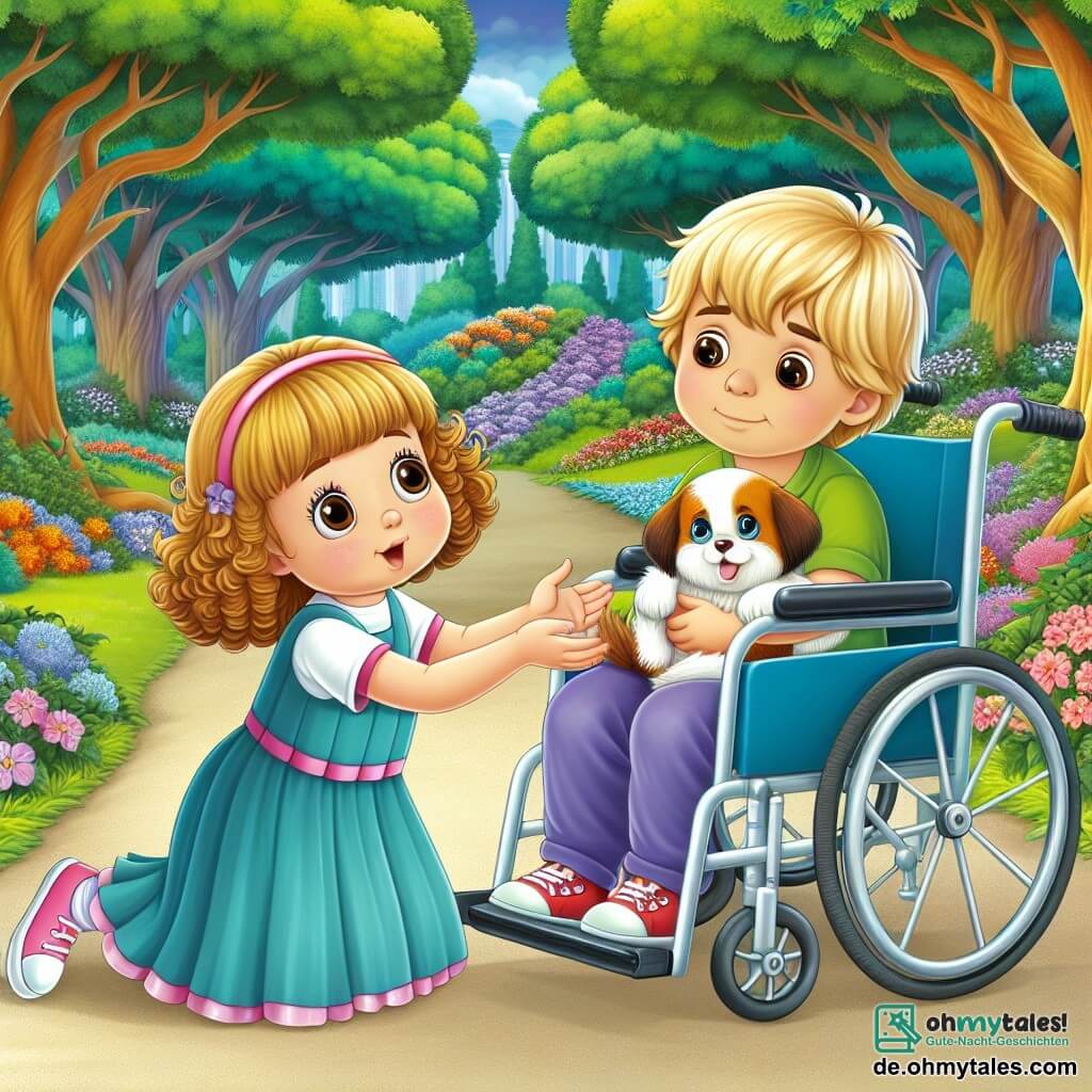 Une illustration destinée aux enfants représentant une petite fille aux boucles blondes et aux grands yeux bruns, une situation de sauvetage d'un animal en détresse avec l'aide d'une amie en fauteuil roulant, dans un parc verdoyant avec des arbres majestueux et des fleurs colorées.