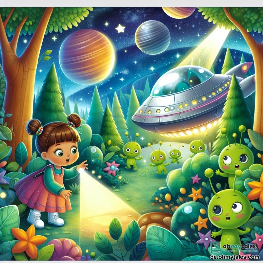 Une illustration destinée aux enfants représentant une jeune fille curieuse découvrant un vaisseau spatial brillant dans une forêt enchantée, accompagnée de petits extraterrestres verts avec des antennes, sur un magnifique planète aux couleurs chatoyantes et aux formes étranges.