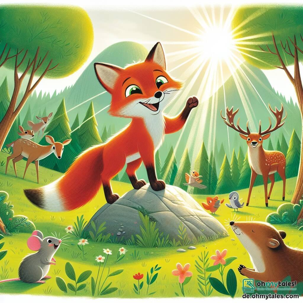 Une illustration sous forme de dessin destinée aux enfants représentant une clairière ensoleillée au cœur d'une forêt verdoyante, où un renard au pelage rouge éclatant, aux yeux pétillants et au sourire malicieux, se tient debout sur un petit rocher, levant une patte pour attirer l'attention des autres animaux rassemblés autour de lui, dont une petite souris aux grandes oreilles et un majestueux cerf aux bois imposants, tous prêts à célébrer un grand festin pour rétablir l'harmonie dans leur communauté après des conflits passés.