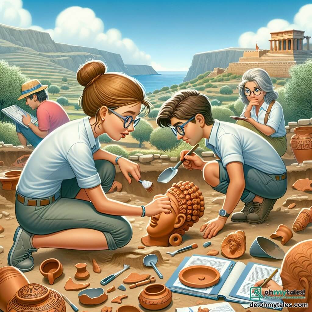 Illustration einer archäologischen Ausgrabungsszene auf der Insel Kreta, mit grünen Hügeln und Olivenbäumen im Hintergrund unter einem strahlend blauen Himmel. Im Vordergrund kniet eine etwa dreißigjährige Archäologin mit hochgestecktem braunem Haar, einem Sonnenhut und einem kurzärmeligen Hemd, während sie mit einer Bürste vorsichtig ein antikes Terrakotta-Artefakt reinigt. Neben ihr beobachtet ein etwa zwanzigjähriger junger Mann mit blonden Haaren und Brille fasziniert ein Stück Keramik, das er in den Händen hält, während ein weiteres Teammitglied, eine etwa vierzigjährige Frau mit grauem Haar in einem Arbeitskittel, Notizen in ein Heft macht. Die Szene zeigt die Aufregung und Konzentration des Teams, umgeben von Ausgrabungen, mit verstreuten archäologischen Werkzeugen und teilweise aus dem Boden freigelegten Fragmenten von Keramiken und antiken Statuen, die die Entdeckung der Geheimnisse der minoischen Zivilisation symbolisieren.