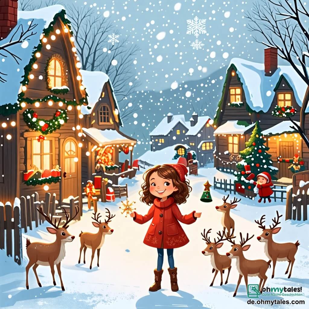 Une illustration sous forme de dessin destinée aux enfants représentant un magnifique paysage hivernal dans un village de Noël, avec des maisons en bois décorées de guirlandes lumineuses et de flocons de neige tombant doucement, au premier plan, une fille de 11 ans aux cheveux bouclés et châtain clair, souriante et pleine d'énergie, tenant une petite cloche scintillante dans ses mains, entourée de plusieurs petits rennes aux yeux pétillants et aux bois étincelants, qui dansent joyeusement autour d'elle, tandis qu'elle s'apprête à sauver la magie de Noël en affrontant le froid et l'obscurité du royaume du roi des glaces.