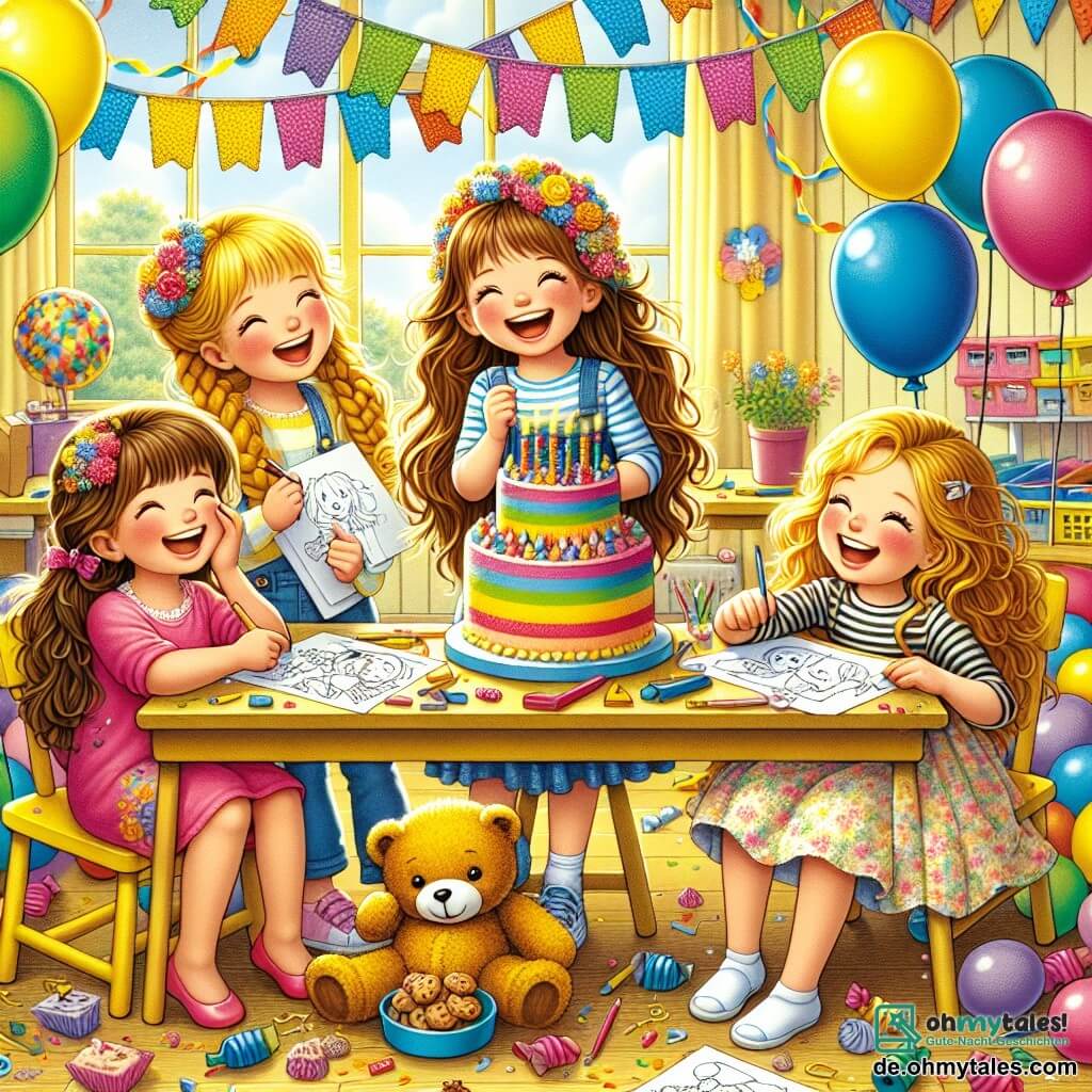 Illustration einer bunten Klassenzimmer, dekoriert mit bunten Ballons und Papiergirlanden. Die Wände sind in leuchtendem Gelb gestrichen, und ein großes Fenster lässt Sonnenlicht herein, das die fröhliche Szene erhellt. Im Zentrum stehen vier etwa 8-jährige Mädchen, alle lächelnd und voller Energie. Eines hat lange braune Haare und trägt ein rosa Kleid, sie hält einen großen bunten Kuchen. Ein anderes Mädchen hat blonde Zöpfe und trägt ein gestreiftes T-Shirt, sie zeichnet auf einem großen Blatt Papier. Das dritte Mädchen hat lockige Haare und trägt einen blumigen Rock, sie lacht, während sie einen Teller mit Keksen hält. Das letzte Mädchen hat kastanienbraune Haare und trägt einen blauen Pullover, sie versucht, einen Keks aufzuheben, der auf den Boden gerollt ist. Die Hauptszene zeigt die Mädchen, die eine Geburtstagsfeier vorbereiten, lachen und zusammen Spaß haben. Fröhliches Lachen schallt in der Luft, während ein großer Plüschbär in ihrer Mitte sitzt und diesem festlichen Moment einen Hauch von Magie verleiht. Bunte Konfetti sind auf dem Tisch verstreut, und ein großes Papierplakat mit Geburtstagszeichnungen hängt an der Wand.