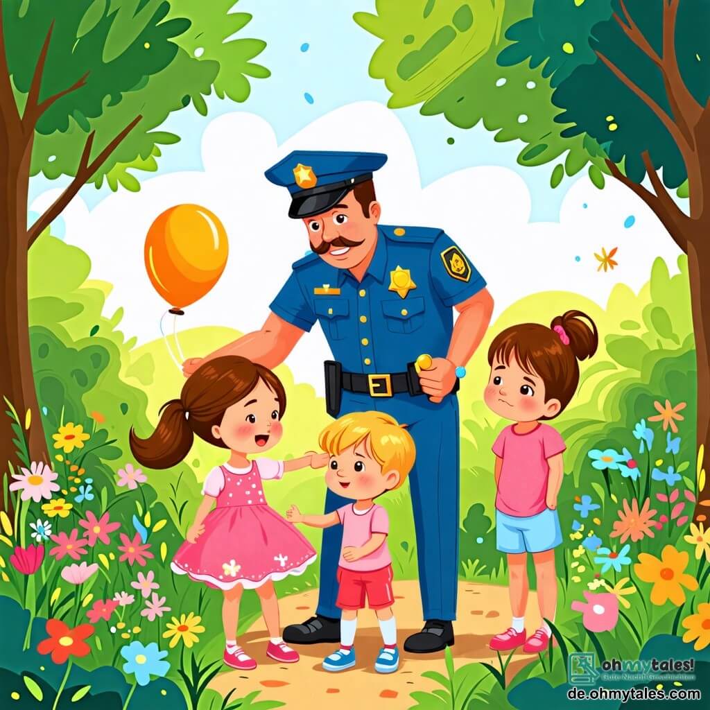 Une illustration sous forme de dessin destinée aux enfants représentant un parc ensoleillé avec des arbres verdoyants et des fleurs colorées, où un policier souriant, un homme d'âge moyen avec une moustache et un uniforme bleu, aide une petite fille aux cheveux bruns et aux yeux pétillants, qui porte une robe rose, à retrouver un petit garçon aux cheveux blonds et aux yeux tristes, qui pleure en cherchant son ballon perdu dans les buissons, créant une atmosphère de camaraderie et d'entraide.