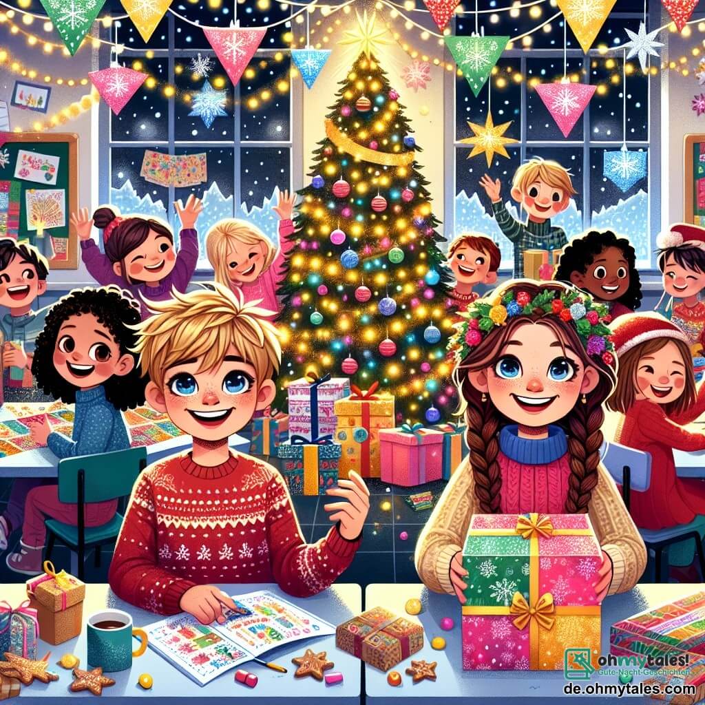 Eine Illustration zeigt ein festliches Klassenzimmer, dekoriert mit Lichtergirlanden und hängenden Papier-Schneeflocken. In der Mitte funkelt ein großer Weihnachtsbaum, geschmückt mit bunten Kugeln und leuchtenden Sternen. Ein neunjähriger Junge mit zerzausten blonden Haaren und funkelnden Augen lächelt fröhlich, während er ein großes, buntes Pappschild mit der Aufschrift "Weihnachtsfeier" hält. Neben ihm lacht ein neunjähriges Mädchen mit geflochtenen braunen Haaren und einem roten Pullover, während es ein hübsch verziertes Geschenk hält. Hinter ihnen bereitet eine Gruppe von Kindern, Jungen und Mädchen, Papierdekorationen vor und tauscht Geschenke aus, alle mit freudigen und aufgeregten Gesichtsausdrücken. Die Szene ist voller lebendiger Farben, Lachen und einer warmen Atmosphäre, die den Geist von Weihnachten und die Magie der Freundschaft verkörpert. Auf einem Tisch stehen Teller mit Keksen und Tassen mit heißer Schokolade, die dieser festlichen Feier eine genussvolle Note verleihen.