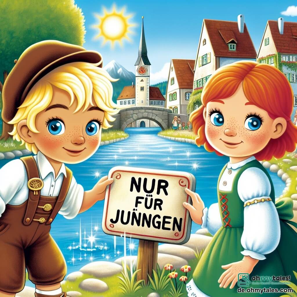 Une illustration destinée aux enfants représentant un garçon aux cheveux blonds et aux yeux bleus, une fille aux cheveux roux et aux taches de rousseur, découvrant un vieux panneau "Nur für Jungen" au bord d'une rivière scintillante, dans la charmante ville ensoleillée de Sonnenstadt.