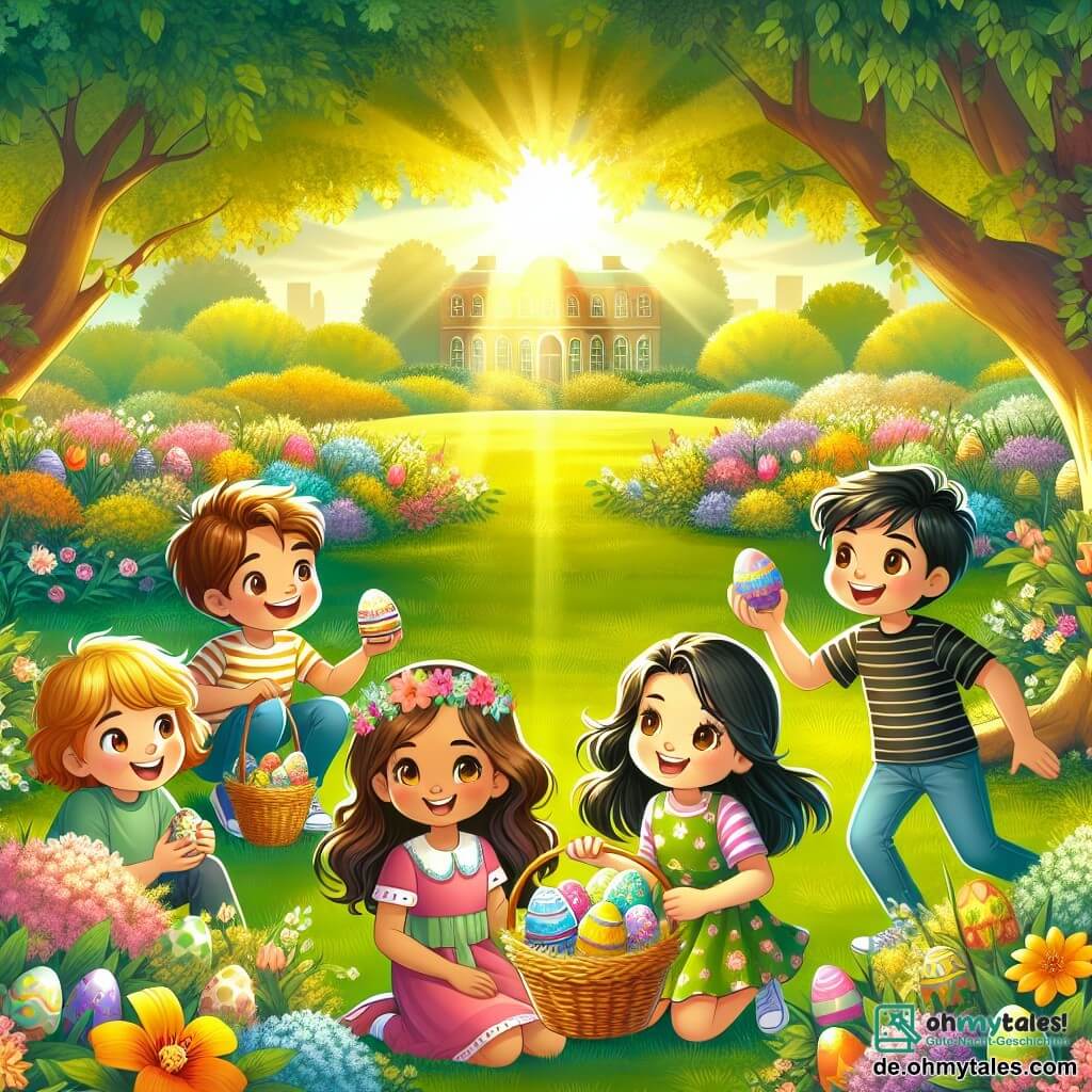 Eine Illustration zeigt einen Park im vollen Frühling, durchflutet von goldenem Licht. Bäume mit grünen Blättern umgeben eine große Wiese, auf der bunte Blumen blühen und ein lebendiges Farbenspiel schaffen. In der Mitte versammeln sich eine Gruppe von Kindern, die lachen und spielen. Ein 11-jähriges Mädchen mit langen braunen Haaren und funkelnden Augen hält einen Korb voller bunten Ostereier. Neben ihr steht ein weiteres 11-jähriges Mädchen mit blonden Haaren und einem rosa Kleid, das lächelt und ein dekoriertes Ei hält. Ein 11-jähriger Junge mit braunen Haaren und einem gestreiften T-Shirt hockt, um ein im Gras verstecktes Ei zu suchen. Schließlich hält ein anderer Junge mit zerzausten schwarzen Haaren und einem breiten Lächeln ein Schokoladenei hoch, das er gerade gefunden hat. Die Szene zeigt die Kinder bei der Ostereiersuche, ihre Gesichter strahlen vor Aufregung. Im Hintergrund steht ein majestätischer Baum, der ein kleines, geheimnisvolles, schimmerndes goldenes Ei birgt, das die Aufmerksamkeit der Kinder auf sich zieht. Bunte Ballons schweben in der Luft und Lachen hallt wider, was eine fröhliche und festliche Atmosphäre schafft.