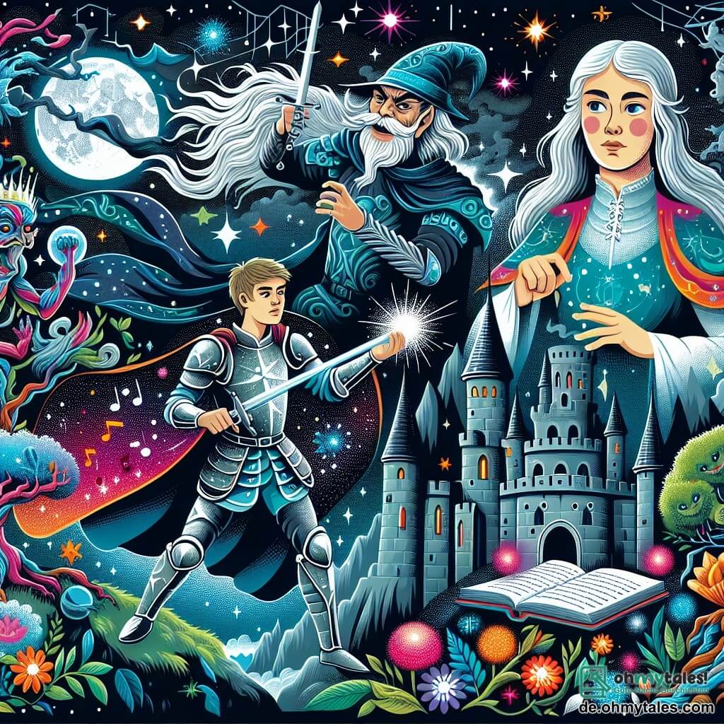 Une illustration destinée aux enfants représentant un vaillant jeune homme, vêtu d'une brillante armure stellaire, combattant un sinistre sorcier dans sa sombre forteresse entourée d'un dense brouillard, en présence d'une sage femme aux cheveux argentés, sur le mystérieux planète des rêves aux arbres chantants et aux fleurs multicolores lumineuses.