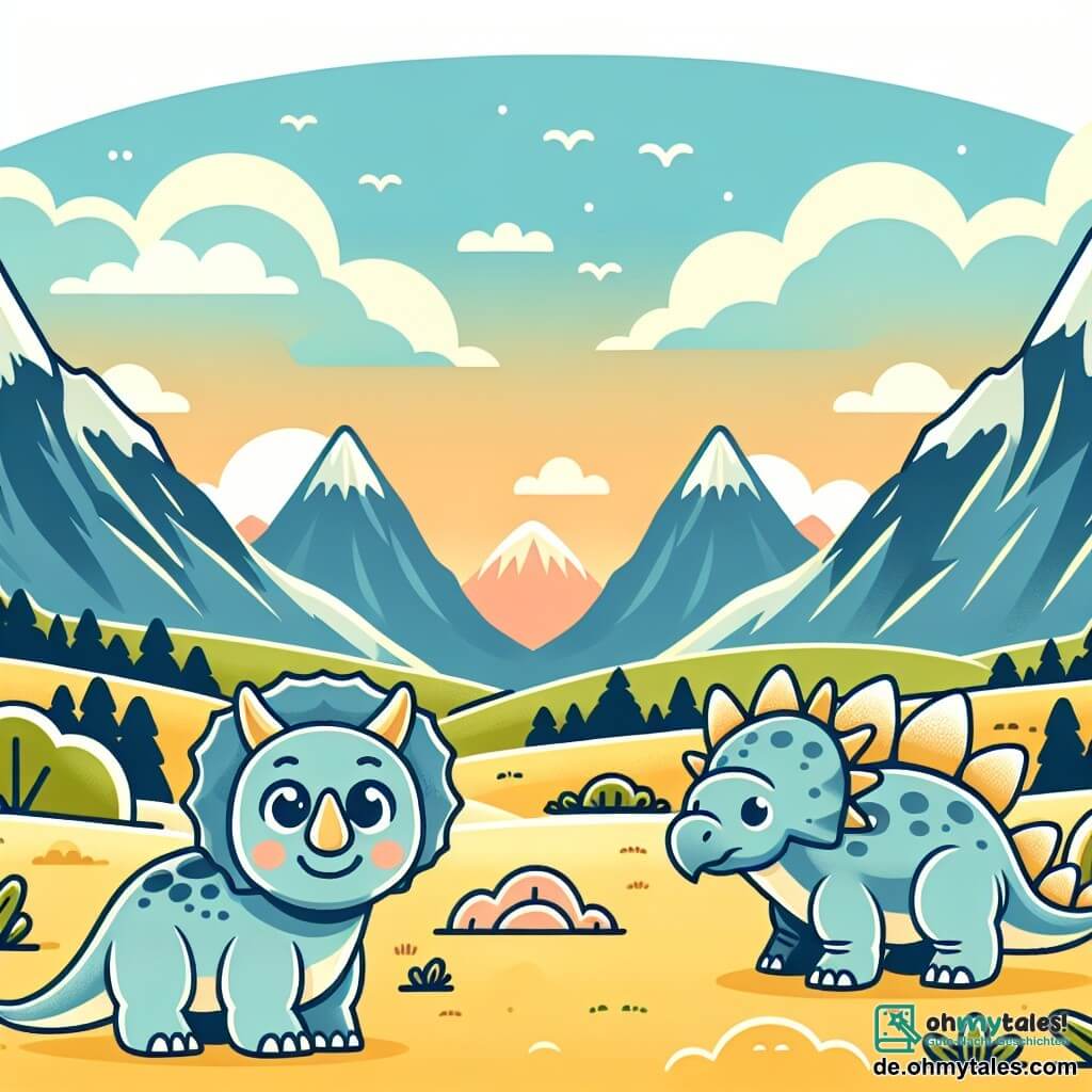 Une illustration destinée aux enfants représentant un jeune tricératops curieux, accompagné d'une amie stégosaure, explorant un vaste et coloré vallée entourée de majestueuses montagnes.