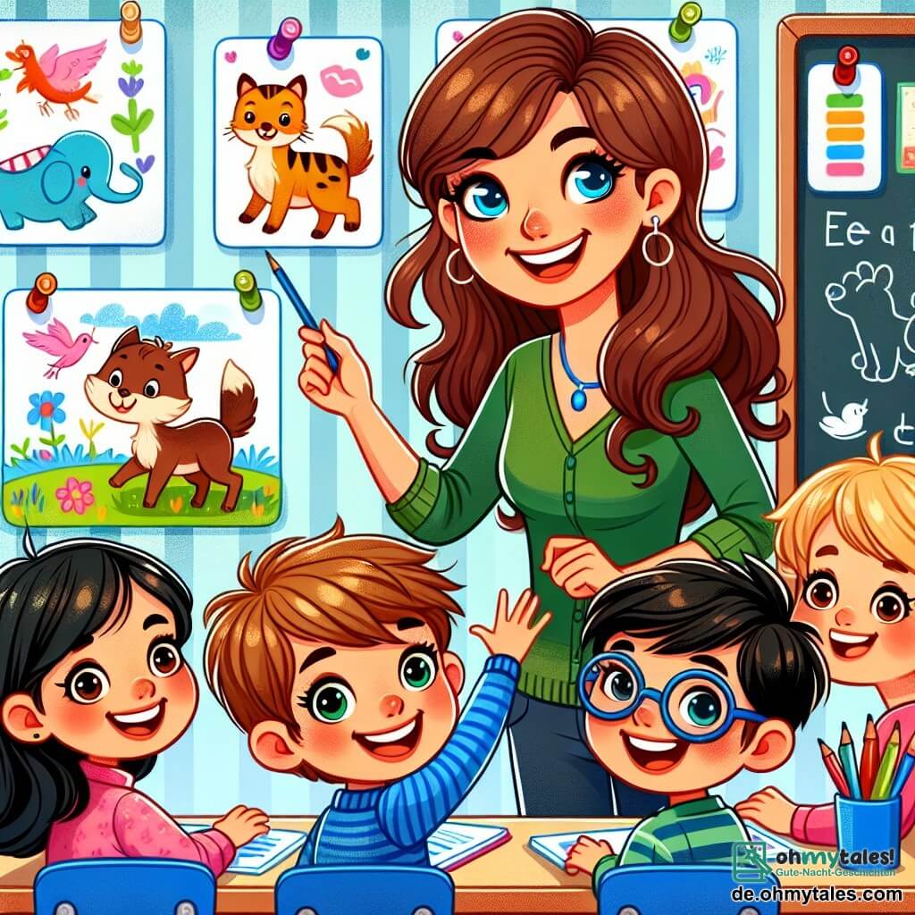 Une illustration sous forme de dessin destinée aux enfants représentant une salle de classe colorée et accueillante, avec des murs ornés de dessins d'enfants et de posters éducatifs, où une institutrice souriante aux longs cheveux bruns et au regard pétillant explique avec enthousiasme à ses élèves, un garçon aux cheveux blonds et une fille aux cheveux bruns, comment créer un livre sur les animaux, tandis qu'un autre garçon, avec des lunettes et un sourire malicieux, lève la main pour poser une question, entourés de fournitures scolaires colorées et de dessins d'animaux accrochés au tableau.