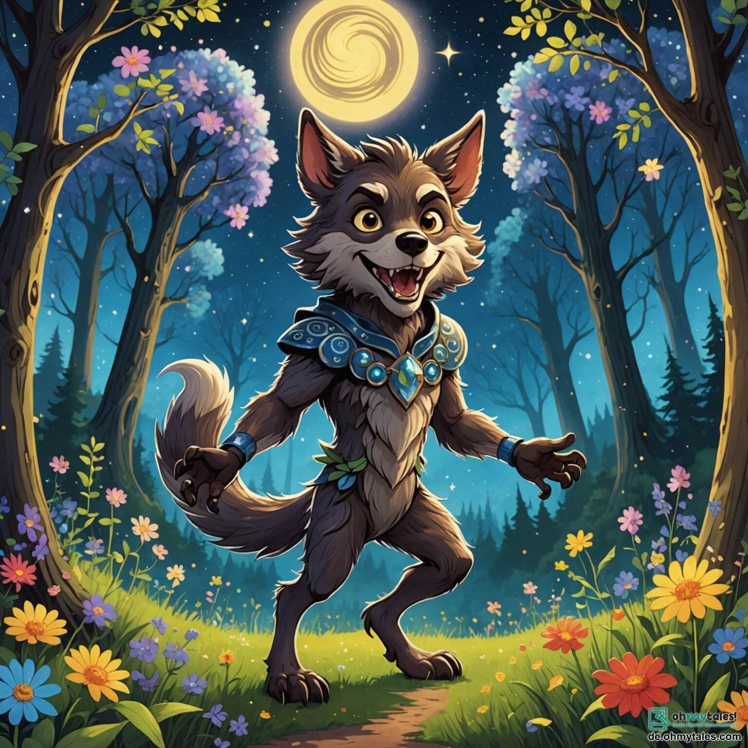 Une illustration destinée aux enfants représentant un loup-garou espiègle aux grandes oreilles et aux yeux pétillants, se tenant au milieu d'une clairière enchantée où les arbres aux troncs spirales s'élèvent vers un ciel étoilé, entouré de fleurs luminescentes qui dansent au rythme du vent, tandis qu'un petit oiseau coloré, son ami fidèle, virevolte autour de lui, alors qu'ils préparent ensemble un spectacle comique pour le grand festival de la pleine lune.