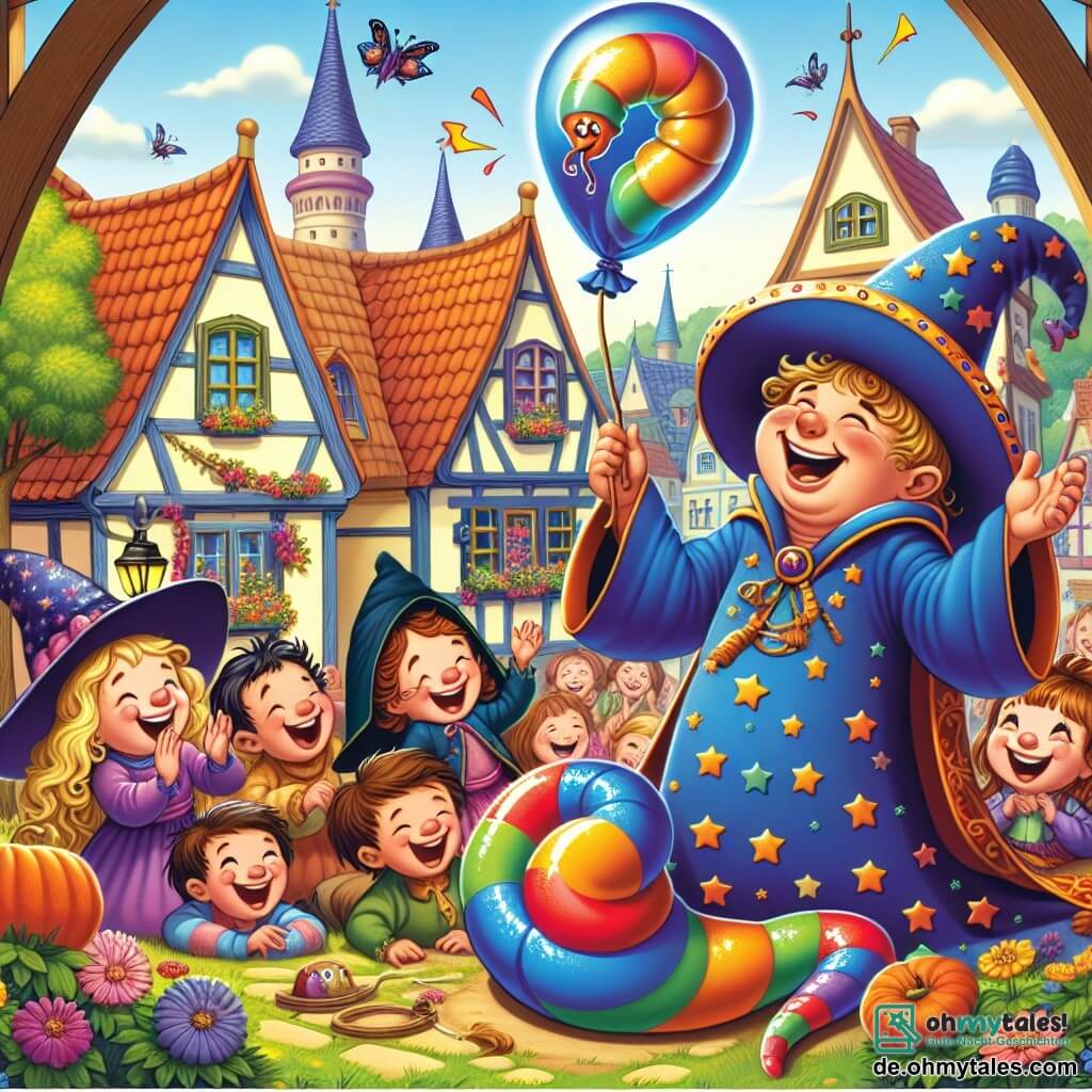 Une illustration sous forme de dessin destinée aux enfants représentant un village coloré avec des maisons aux toits en pente et des jardins fleuris, où un sorcier joyeux avec un long chapeau en forme de cône multicolore et une robe bleue ornée d'étoiles, se tient au centre, riant tout en observant un énorme et amusant ballon en forme de vers qui serpente autour de lui, tandis qu'une petite sorcière aux cheveux bouclés et à la robe violette, perchée sur son balai, rit et applaudit, et un groupe d'enfants aux visages émerveillés et souriants se rassemble autour d'eux, tous captivés par la magie et l'humour de la scène.