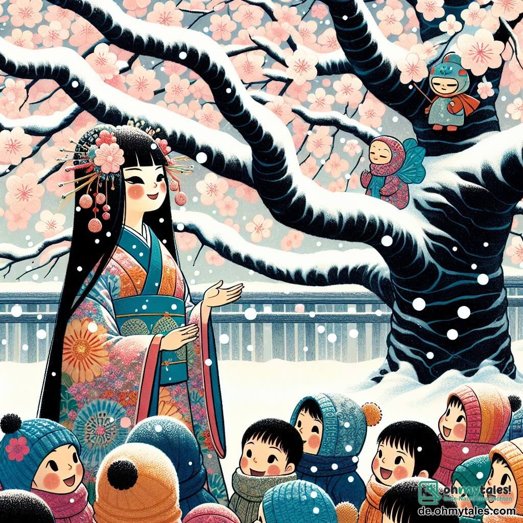Une illustration sous forme de dessin destinée aux enfants représentant un magnifique paysage hivernal japonais, avec un grand et scintillant arbre de cerisier couvert de neige au centre, où une jeune femme aux longs cheveux noirs et vêtue d'un kimono coloré, souriante et pleine de détermination, se tient debout, entourée de plusieurs enfants aux yeux brillants et aux vêtements chauds, qui l'écoutent attentivement alors qu'elle leur raconte des histoires sur le Kami du neige, tandis que des flocons de neige tombent doucement autour d'eux, créant une atmosphère magique et chaleureuse.