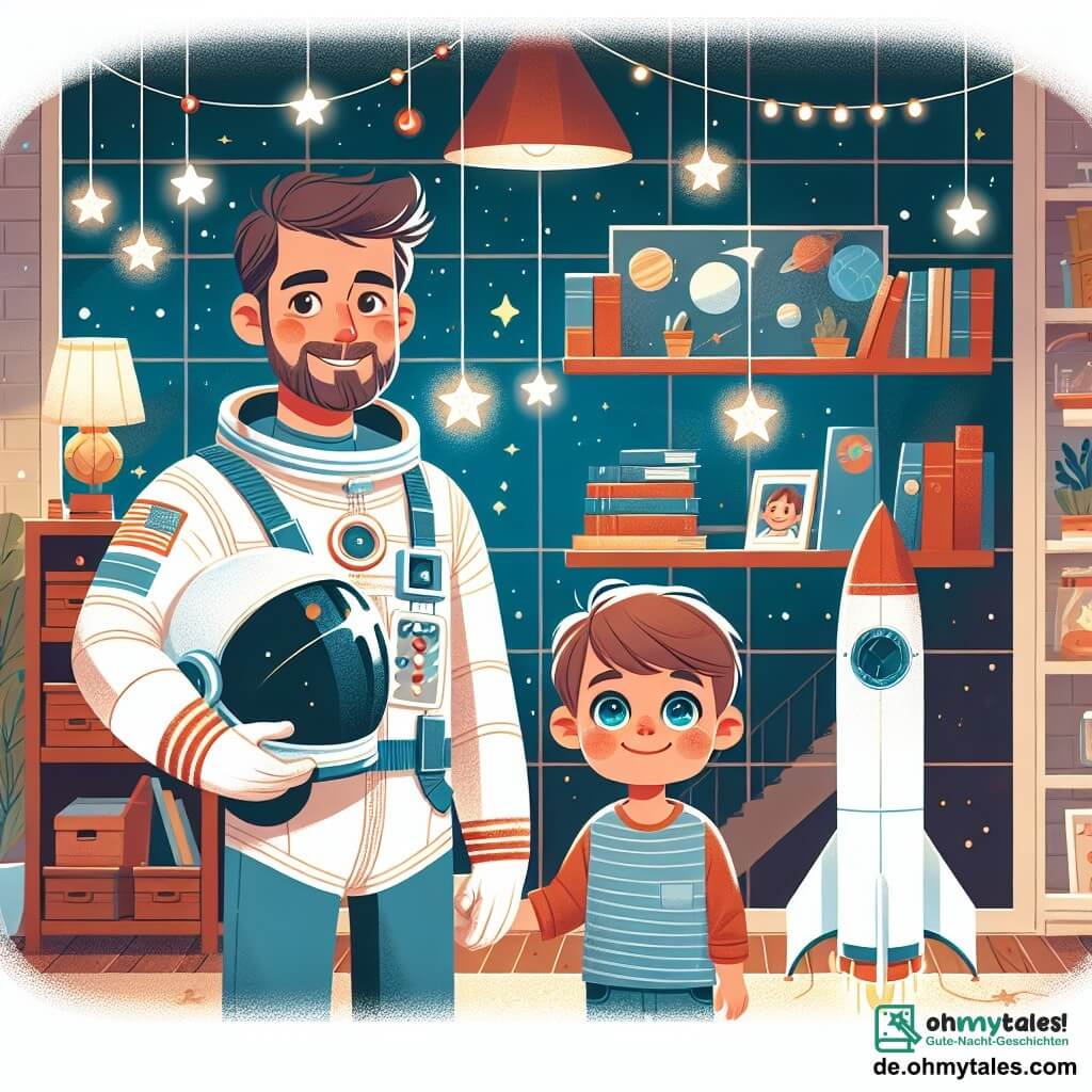 Une illustration destinée aux enfants représentant un astronaute homme se préparant pour une mission spatiale, accompagné de son fils, un petit garçon aux yeux brillants, dans une maison chaleureuse avec des étagères remplies de livres sur l'espace, une maquette de fusée et des étoiles brillantes accrochées au plafond.