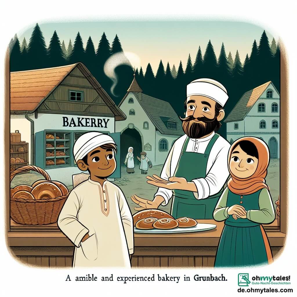Une illustration destinée aux enfants représentant un boulanger aimable et expérimenté, accompagné d'un garçon et d'une fille curieux, dans une boulangerie chaleureuse et parfumée de Grünbach, au bord d'un profond bois.