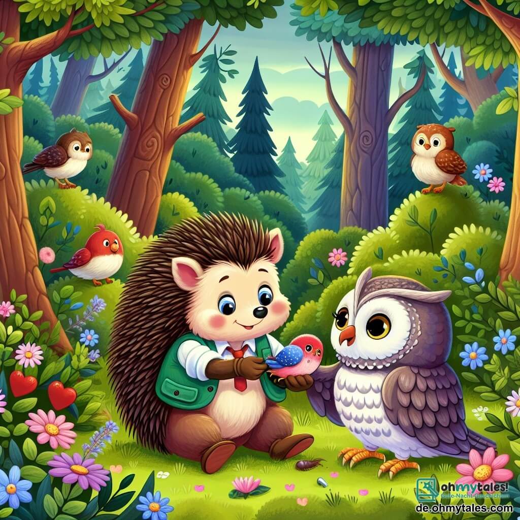 Une illustration destinée aux enfants représentant un petit hérisson curieux et amical, une situation où il aide un oiseau blessé, une sage chouette féminine, dans un dense et coloré bois enchanté aux arbres touffus et fleurs parfumées.