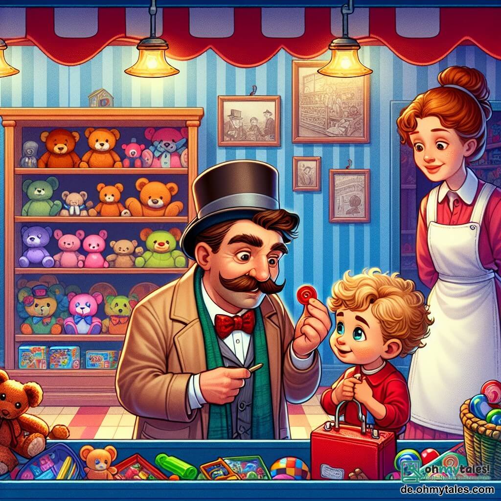 Une illustration sous forme de dessin destinée aux enfants représentant une scène animée à l'intérieur d'un petit magasin de jouets coloré, avec des étagères remplies de peluches et de jeux, où un homme détective au chapeau haut de forme et à la moustache soignée examine attentivement un petit bouton rouge trouvé sur le sol, tandis qu'une femme aux cheveux bouclés et au tablier, visiblement inquiète, observe avec espoir, et un petit garçon aux cheveux blonds et aux yeux pétillants, tenant un jouet rouge, s'approche timidement pour expliquer qu'il a trouvé l'objet derrière le magasin, créant une atmosphère de mystère et de camaraderie.