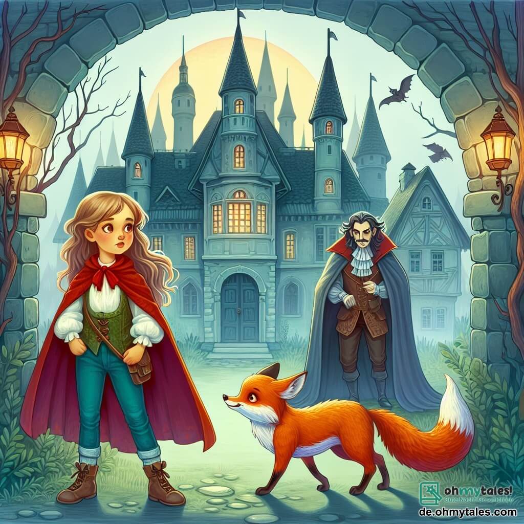 Une illustration destinée aux enfants représentant une jeune fille courageuse faisant face à un vampire solitaire dans un château enveloppé de brouillard, accompagnée de son fidèle ami, un renard malin, dans le village enchanté de Sonnenlicht.