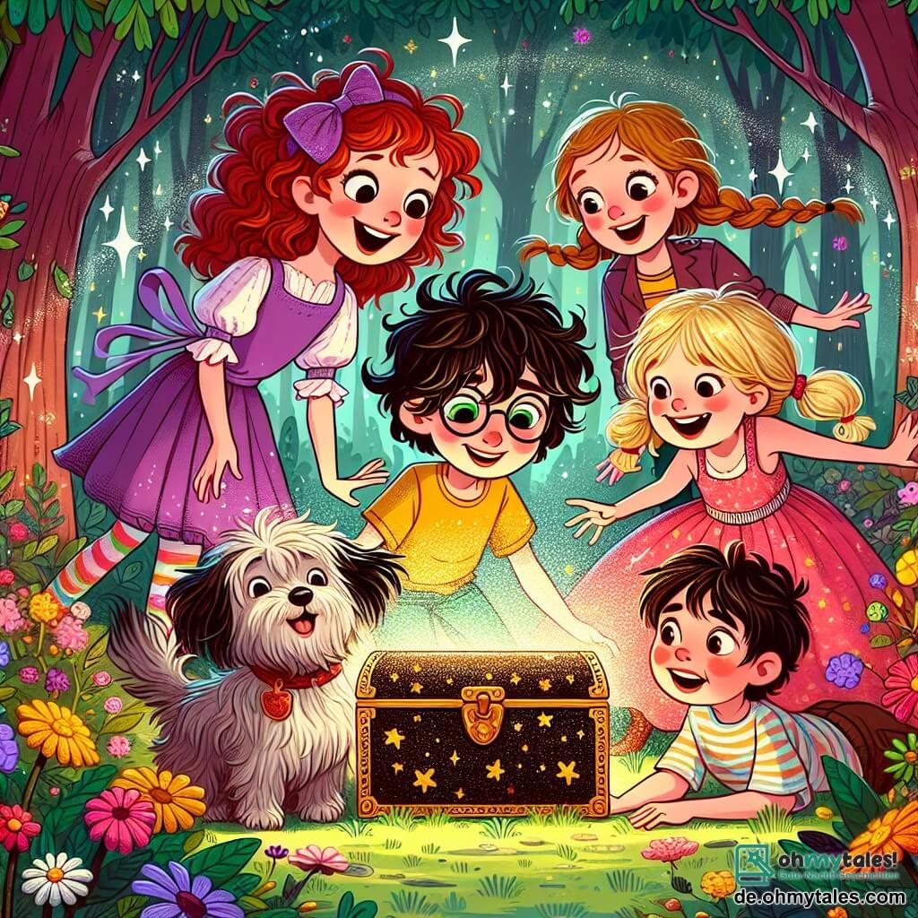 Illustration einer magischen Szene in einem verwunschenen Wald, wo die Bäume lächelnde Gesichter haben und bunte Blumen im Rhythmus des Windes tanzen. In der Mitte steht eine Gruppe von fünf Kindern, vier Mädchen und einem Jungen, alle etwa acht Jahre alt, um eine strahlende magische Kiste. Das erste Mädchen mit lockigem, rotem Haar trägt ein lila Kleid und hat funkelnde Augen vor Aufregung. Neben ihr schaut ein Junge mit zerzaustem braunem Haar und einem gelben T-Shirt mit einem bewundernden Lächeln auf die Kiste. Ein weiteres Mädchen mit langen blonden Zöpfen und einem rosa Rock lacht und zeigt auf einen riesigen flauschigen Hund, der sie begleitet, während ein anderer Junge mit runden Brillen und schwarzen Haaren etwas zögerlich, aber neugierig wirkt. Schließlich springt das letzte Mädchen mit Zöpfen und einem bunten T-Shirt vor Freude. Die Hauptsituation zeigt die Kinder, die ein magisches Artefakt entdecken, das intensiv leuchtet, während ein großer, seidighaariger Hund sie freundlich beobachtet. Lichtblitze funkeln um sie herum, und Schokoladenblasen schweben in der Luft, was der Szene einen humorvollen und fantastischen Touch verleiht. Der Hintergrund ist mit lebhaften Farben und bezaubernden Details gefüllt, wie tanzenden Schmetterlingen und wolkenförmigen Süßigkeiten, die eine fröhliche und verspielte Atmosphäre schaffen.