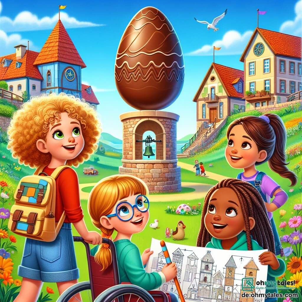 Illustration eines malerischen Dorfes mit bunten Häusern und Ziegeldächern, umgeben von grünen Feldern und strahlenden Blumen unter einem klaren blauen Himmel. Im Zentrum erhebt sich majestätisch ein alter Steinturm, auf dessen Spitze ein glänzendes Schokoladenei vorsichtig platziert ist. Vier etwa zehnjährige Mädchen stehen am Fuß des Turms. Das erste Mädchen mit lockigem, goldenem Haar trägt ein rotes Hemd und eine Jeansshorts und schaut entschlossen nach oben. Das zweite Mädchen mit großen Brillen und braunen, zu einem Pferdeschwanz gebundenen Haaren hält einen Plan ihrer Erfindung in den Händen und zeigt einen konzentrierten Ausdruck. Das dritte Mädchen, eine rothaarige mit Zöpfen, lächelt fröhlich und ist bereit, ihre Freundinnen anzufeuern. Das vierte Mädchen mit braunen Haaren sitzt im Rollstuhl, ihre Augen funkeln vor Begeisterung, und sie leitet den Plan mit Zuversicht. Die Szene zeigt die Mädchen, die ein großes, farbenfrohes Gerät, eine Mischung aus Luftkissen und Netz, manövrieren, das in den Himmel aufsteigt, bereit, das Schokoladenei zu fangen. Im Hintergrund beobachtet eine Menge Dorfbewohner bewundernd, während Luftballons in der Luft schweben und der Atmosphäre eine festliche Note verleihen.