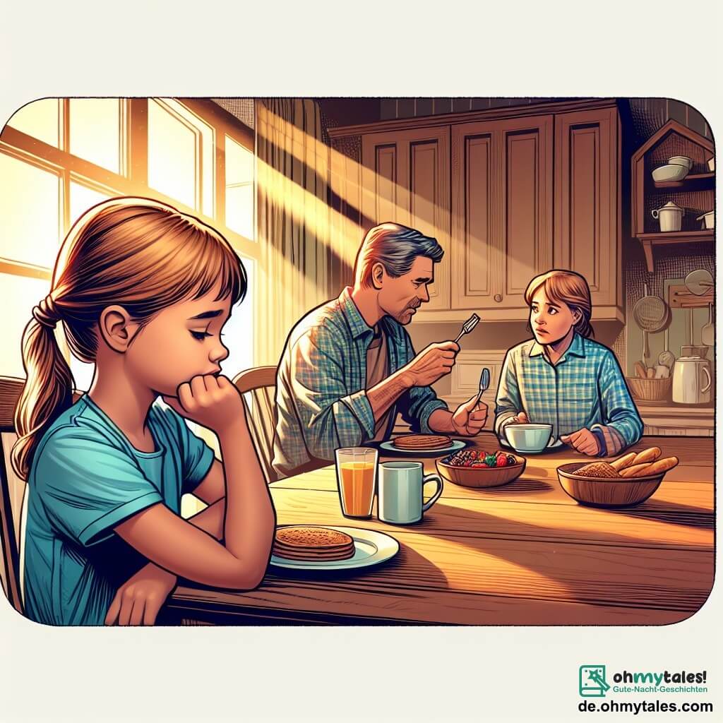 Une illustration destinée aux enfants représentant une jeune fille observant ses parents se disputer lors du petit déjeuner, avec un rayon de soleil illuminant la table en bois dans une cuisine chaleureuse et accueillante.