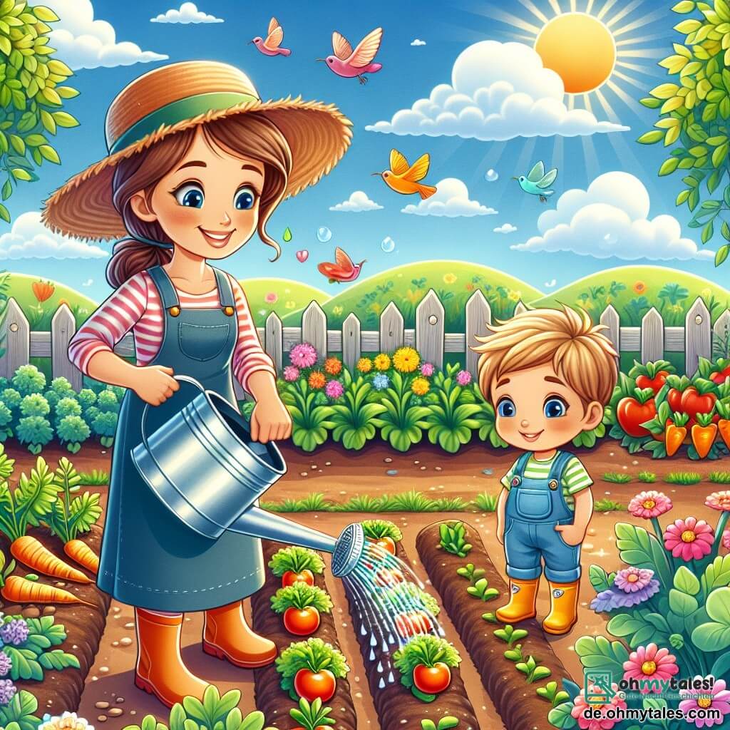 Illustration eines charmanten Gemüsegartens auf einem sonnigen Bauernhof, mit Reihen von buntem Gemüse wie leuchtend orange Karotten und glänzend roten Tomaten. In der Mitte steht eine lächelnde, mittelalte Frau mit braunen, zu einem Dutt gebundenen Haaren, die einen Strohhut und Gummistiefel trägt und vorsichtig die Pflanzen mit einer Gießkanne bewässert. Neben ihr steht ein etwa sechsjähriger Junge mit blonden Haaren und funkelnden Augen, der fasziniert zuschaut und einen kleinen Sack mit Samen in den Händen hält. Die Szene strahlt eine fröhliche und lehrreiche Atmosphäre aus, mit Vögeln, die am blauen Himmel singen, und bunten Schmetterlingen, die um die Blumen fliegen. Flauschige weiße Wolken schweben sanft und verleihen diesem Moment des Teilens und Lernens auf dem Bauernhof eine süße Note.