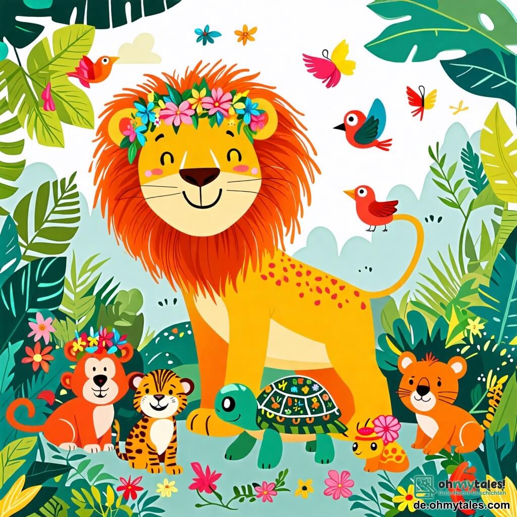 Une illustration sous forme de dessin destinée aux enfants représentant un vibrant et coloré dschungel avec des arbres luxuriants et des fleurs éclatantes, où un lion au pelage doré et à la crinière flamboyante, souriant et concentré, coiffe joyeusement une tortue à la carapace verte ornée de motifs colorés, en lui tressant un magnifique couronne de fleurs, tandis qu'un groupe d'animaux curieux, comme des singes et des oiseaux, les observe avec émerveillement et amusement.