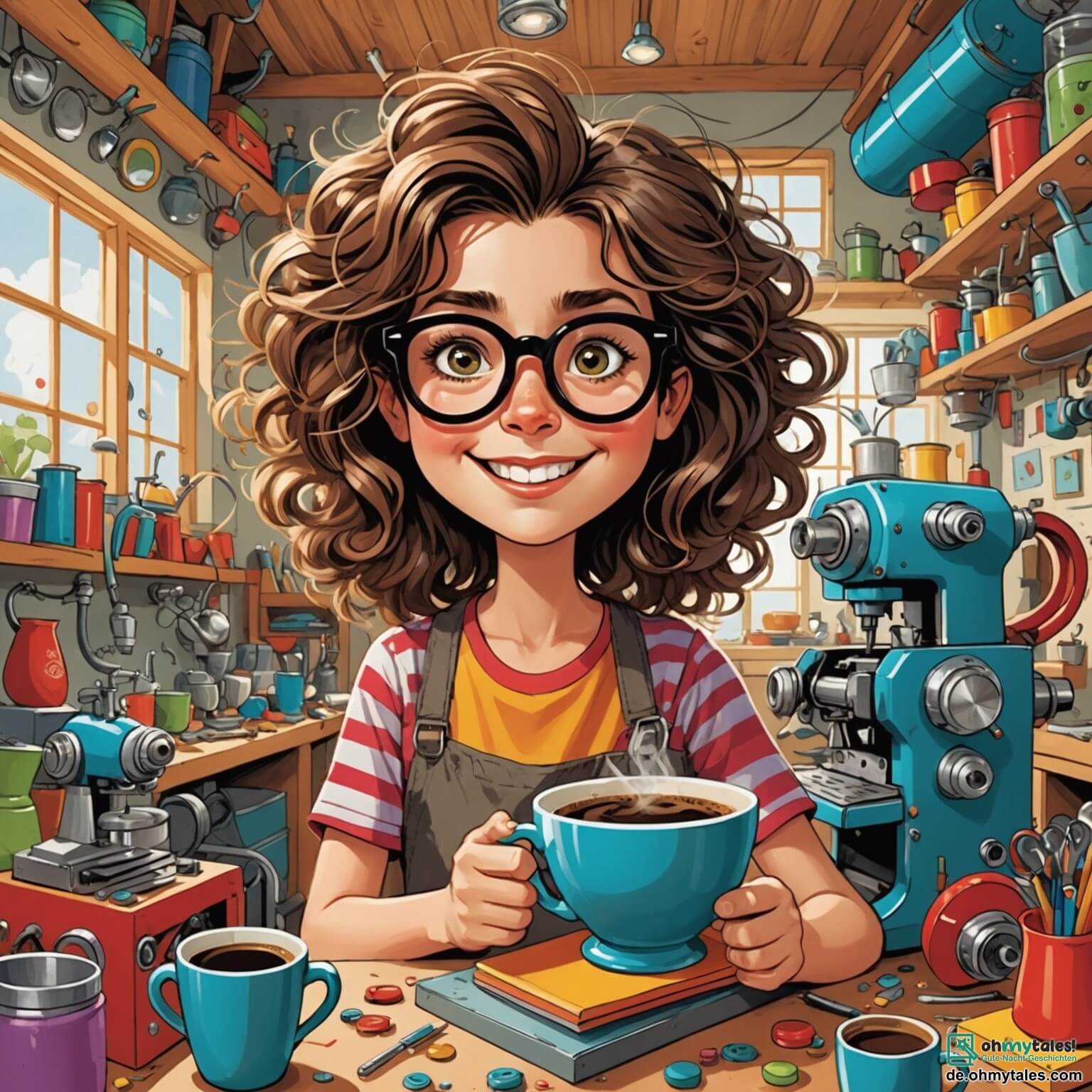 Une illustration destinée aux enfants représentant une femme aux cheveux ébouriffés et à la grande lunette décalée, entourée de machines hétéroclites et colorées dans sa joyeuse et chaotique atelier, où elle s'acharne à inventer une incroyable tasse à café volante qui l'entraîne dans un tourbillon d'aventures inattendues, tandis que des enfants aux yeux pétillants de curiosité et un homme costaud au sourire bienveillant l'encouragent dans ce projet farfelu, le tout se déroulant dans le charmant village de Wunderhausen, où les maisons aux façades pastel, les jardins fleuris et les ruelles pavées créent une atmosphère magique et enjouée.