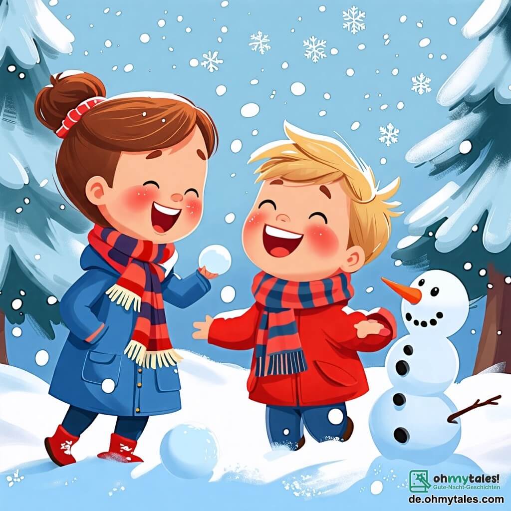 Une illustration sous forme de dessin destinée aux enfants représentant un paysage hivernal féérique avec des flocons de neige tombant doucement, un garçon de 2 ans aux cheveux blonds et aux joues roses, vêtu d'un manteau rouge vif et d'une écharpe rayée, riant joyeusement en lançant une boule de neige, tandis qu'une maman souriante, avec des cheveux bruns attachés en chignon et un manteau bleu, l'encourage à construire un bonhomme de neige, entourés de sapins enneigés et d'une lumière douce du soleil d'hiver.