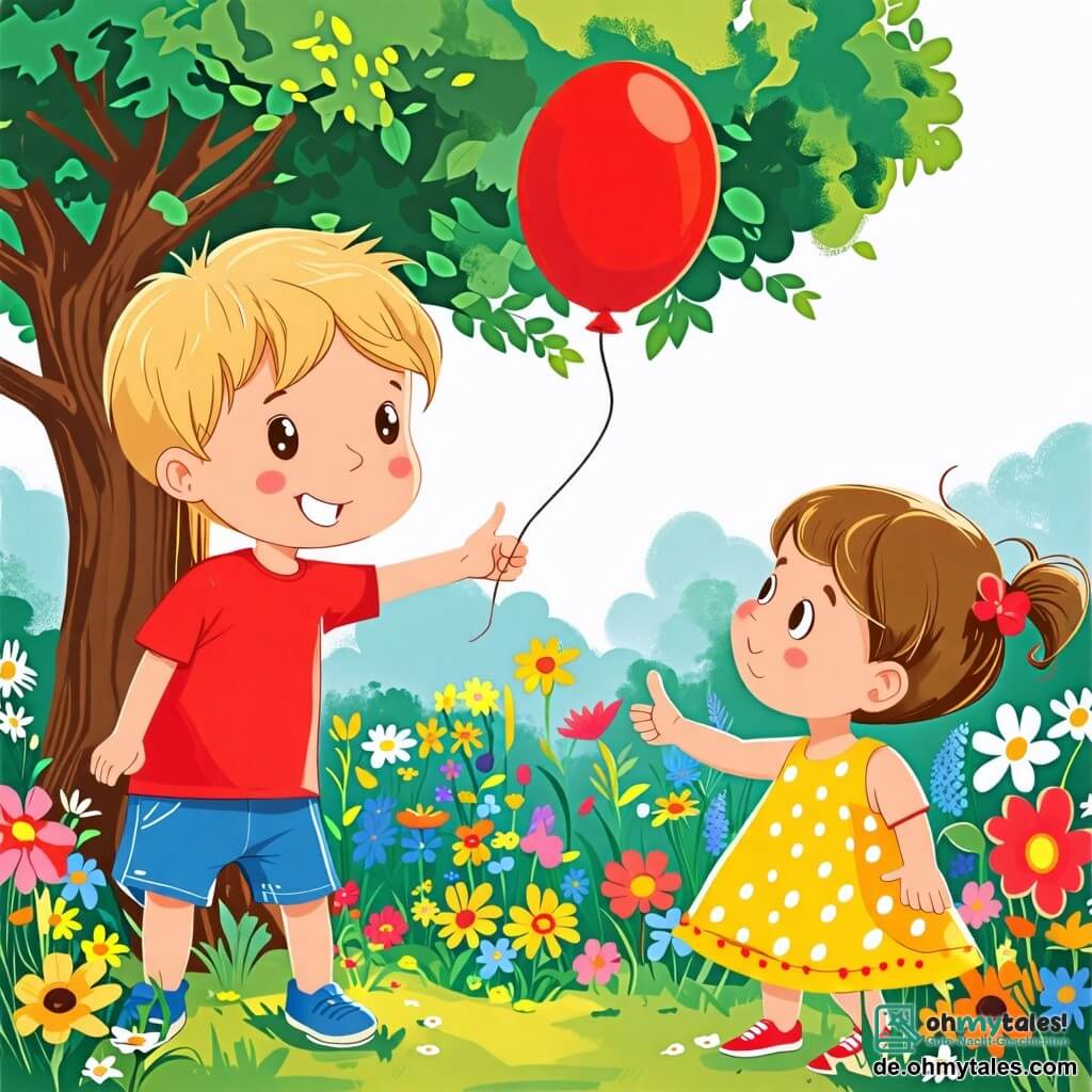 Une illustration sous forme de dessin destinée aux enfants représentant un jardin coloré avec des fleurs éclatantes et un grand arbre au centre, où un petit garçon de 2 ans aux cheveux blonds et aux yeux pétillants, portant un t-shirt rouge et un short bleu, cherche son ballon rouge perdu avec une expression de curiosité sur le visage, tandis qu'une petite fille de 2 ans aux cheveux bruns et aux yeux brillants, vêtue d'une robe jaune à pois, l'encourage en pointant vers un coin du jardin, créant une atmosphère d'aventure et de camaraderie.