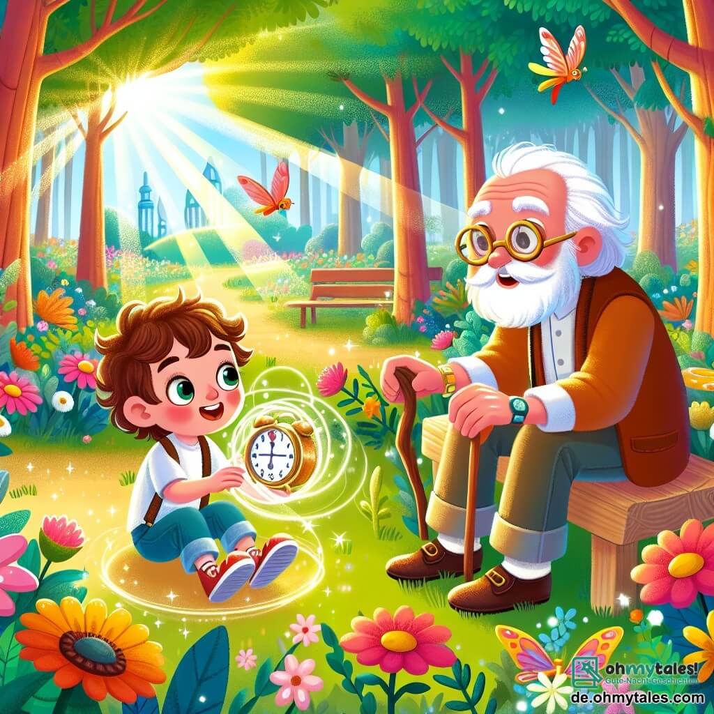 Une illustration sous forme de dessin destinée aux enfants représentant une scène colorée dans une vaste et ensoleillée forêt enchantée, où un petit garçon de 3 ans aux cheveux bouclés et aux yeux pétillants explore avec émerveillement, tenant un appareil mystérieux dans ses mains, tandis qu'un vieil homme à la barbe blanche et aux lunettes rondes, assis sur un banc, sourit et raconte des histoires fascinantes sur le voyage dans le temps, entourés de fleurs éclatantes et d'arbres majestueux, évoquant une atmosphère magique et d'aventure.