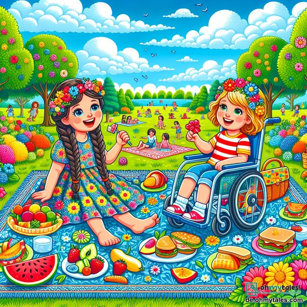 Illustration eines wunderschönen Parks im Sommer, mit einem strahlend blauen Himmel und fluffigen weißen Wolken. Der Boden ist mit einem üppigen grünen Rasen bedeckt, der mit bunten Blumen in lebhaften Rot-, Gelb- und Blautönen gesprenkelt ist. In der Mitte der Szene sitzen zwei Mädchen auf einer großen Decke mit bunten Mustern. Eines der Mädchen, etwa 7 Jahre alt, hat lange, geflochtene braune Haare und trägt ein Blumenkleid. Sie lächelt fröhlich, während sie ein Stück Obst in der Hand hält. Das andere Mädchen, ebenfalls etwa 7 Jahre alt, hat einen blonden, schulterlangen Schnitt und trägt ein gestreiftes T-Shirt und Shorts. Sie sitzt in einem bunten Rollstuhl mit Blumendekorationen und lacht, während sie ihre Freundin ansieht. Die beiden Mädchen teilen einen glücklichen Moment, umgeben von köstlichen Snacks wie frischen Früchten und Sandwiches. Im Hintergrund sind majestätische Bäume und spielende Kinder zu sehen, die der sommerlichen Szene eine festliche und fröhliche Atmosphäre verleihen.