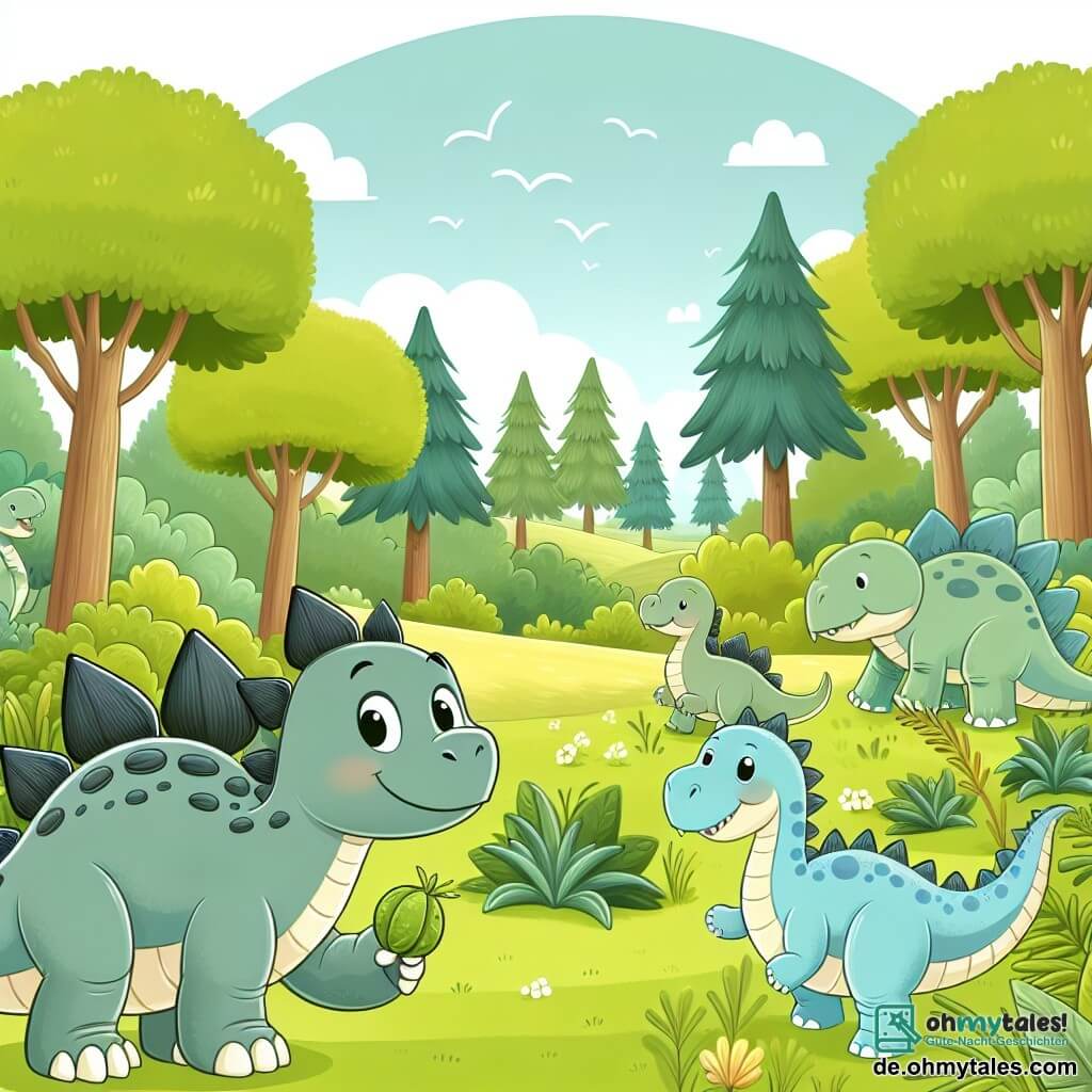 Une illustration destinée aux enfants représentant un jeune stégosaure intrépide, accompagné de ses amis dinosaures, explorant un magnifique paysage de forêt luxuriante remplie de grands arbres et de sautillant d'herbe fraîche.