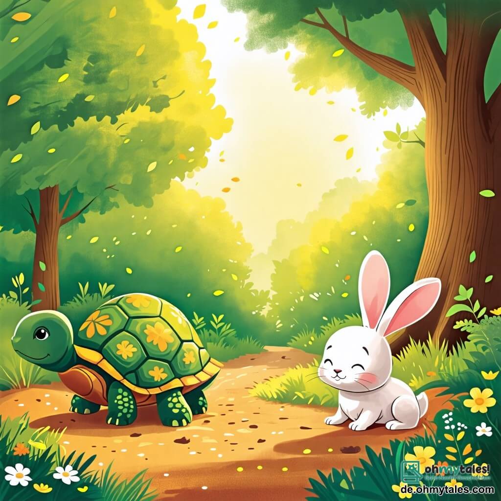 Une illustration sous forme de dessin destinée aux enfants représentant un paisible et coloré forêt ensoleillée, avec une petite tortue au carapace verte ornée de motifs jaunes, marchant lentement sur un chemin de terre, tandis qu'un rapide lapin aux grandes oreilles et à la fourrure blanche, assis sous un arbre, s'apprête à faire une sieste, illustrant le moment où la tortue continue sa course vers la ligne d'arrivée, montrant que la persévérance peut mener à la victoire.