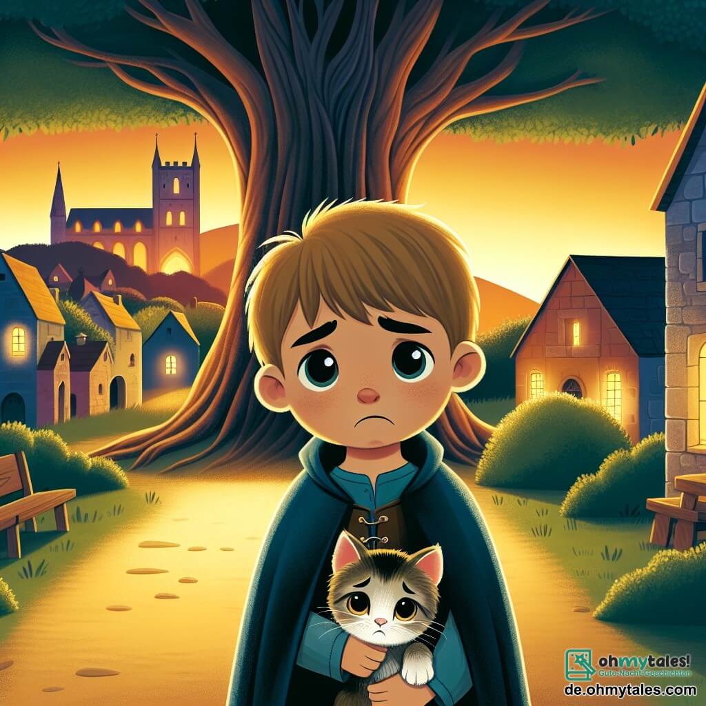 Une illustration destinée aux enfants représentant un garçon triste, accompagné d'un petit chaton, se tenant devant un vieux arbre majestueux au cœur d'un village paisible, baigné par la lumière dorée du soleil couchant.