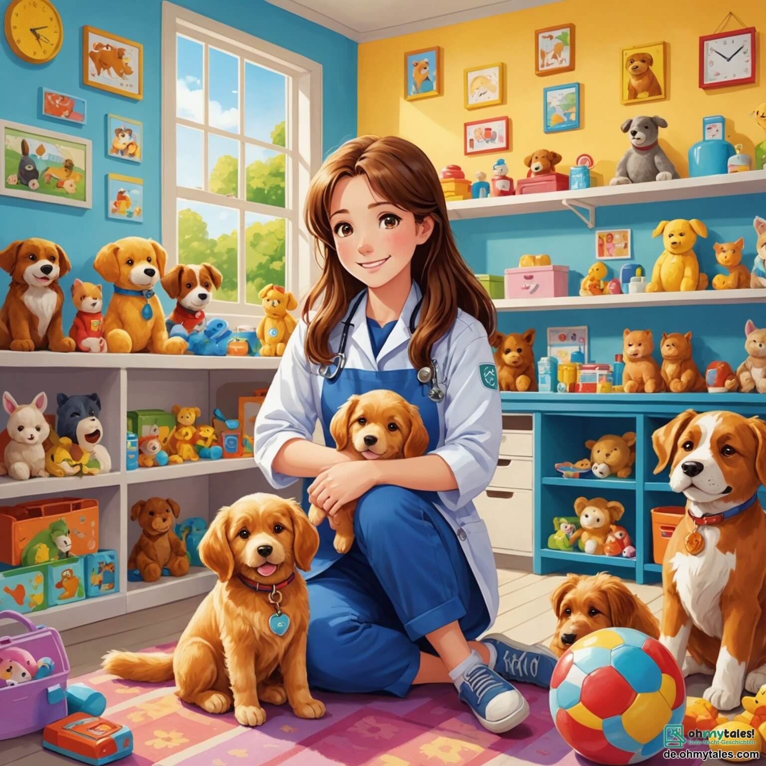 Une illustration destinée aux enfants représentant une vétérinaire passionnée, avec de longs cheveux bruns et un sourire chaleureux, entourée de peluches colorées et de posters d'animaux sur les murs de sa charmante petite clinique, où elle soigne un jeune garçon aux yeux pétillants d'excitation, tout en prenant soin d'un chien au pelage doré qui se blottit contre elle, dans un décor lumineux rempli de jouets pour animaux et de plantes vertes qui apportent une touche de vie.