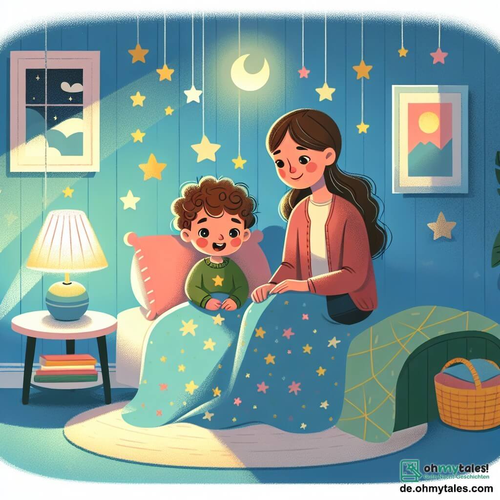 Une illustration sous forme de dessin destinée aux enfants représentant une chambre chaleureuse et douillette, avec des murs peints en bleu pastel et des étoiles lumineuses collées au plafond, où un petit garçon de 2 ans aux cheveux bouclés et aux yeux pétillants, assis sur son lit avec une couverture colorée, regarde avec curiosité une douce lampe de chevet qui éclaire la pièce, tandis que sa maman, une femme souriante aux cheveux longs et bruns, est assise à côté de lui, lui racontant une histoire rassurante pour apaiser sa peur du noir, avec des ombres douces projetées sur les murs créant une atmosphère magique et réconfortante.