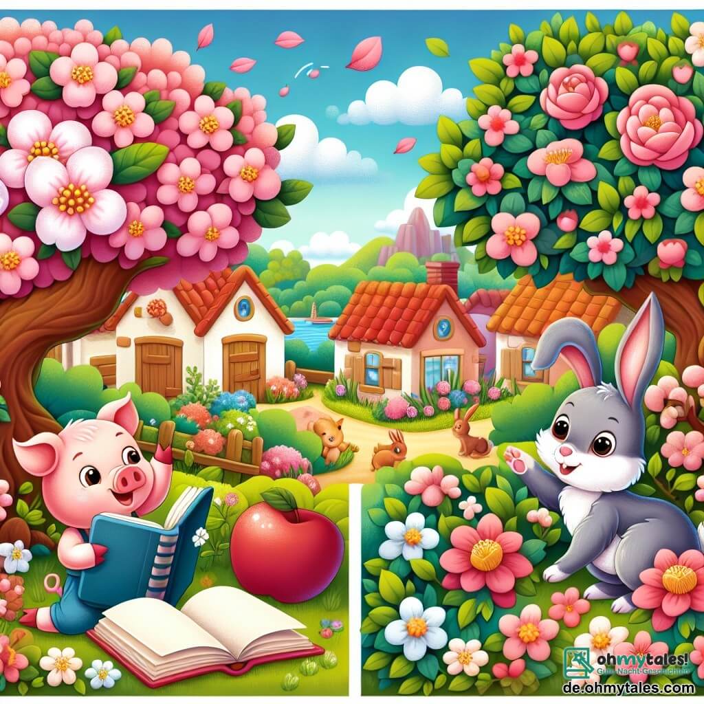 Une illustration destinée aux enfants représentant un petit cochon curieux, une situation de découverte d'un livre mystérieux, un lapin joueur et malicieux, dans un jardin fleuri et coloré d'un paisible petit village.
