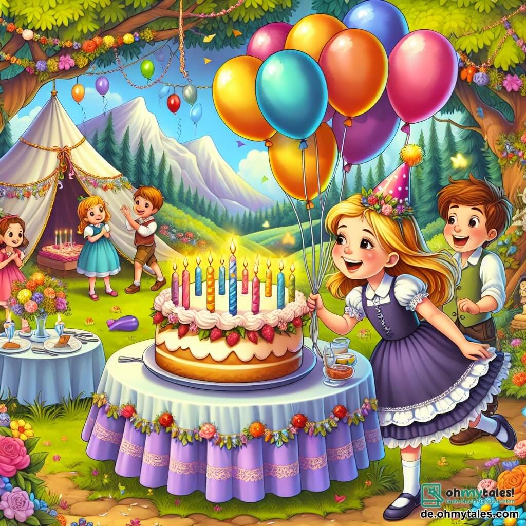 Une illustration destinée aux enfants représentant une jeune fille joyeuse fêtant son anniversaire avec ses amis dans un jardin enchanté rempli de ballons colorés et une grande table de fête décorée d'une immense tarte d'anniversaire, tandis que son grand frère, un garçon attentionné, lui réserve une mystérieuse surprise pour rendre sa journée encore plus spéciale.