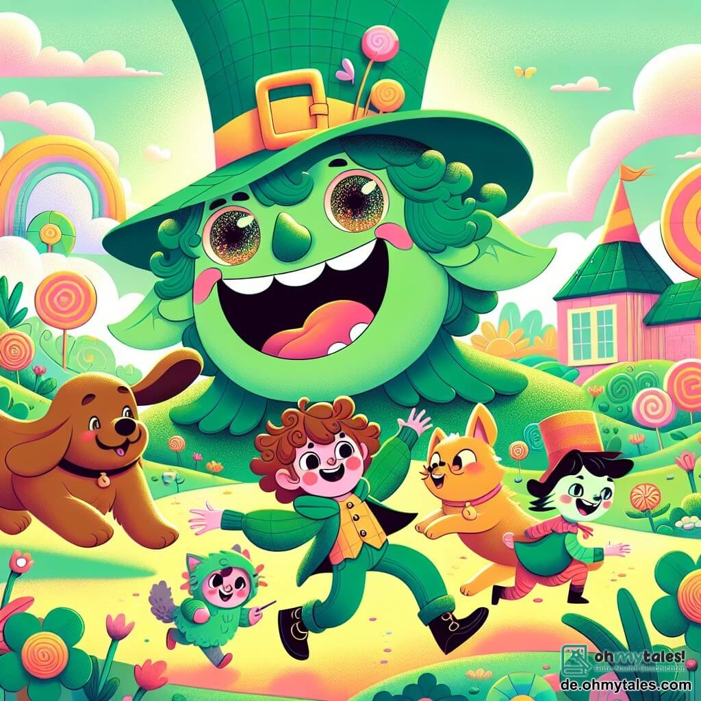 Une illustration sous forme de dessin destinée aux enfants représentant un grand et coloré espace en plein air dans un monde fantastique, avec un géant au teint vert, aux yeux ronds et brillants, portant un chapeau magique, qui rit joyeusement tout en tenant un petit groupe d'amis : un garçon aux cheveux bouclés, un chien aux grandes oreilles et une chatte aux yeux malicieux, tous en train de chercher un chapeau perdu au milieu d'un paysage de fleurs en forme de bonbons et de nuages en sucre, illustrant l'esprit d'aventure et d'amitié de leur quête.