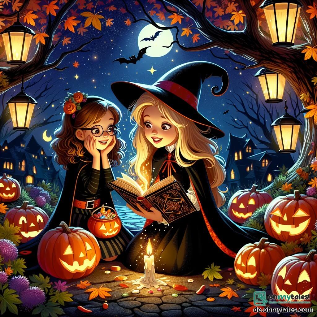 Eine Illustration zeigt eine magische Halloween-Szene in einem von Laternen erleuchteten Garten. Der Garten ist mit geschnitzten Kürbissen mit lächelnden Gesichtern gefüllt, umgeben von bunten Herbstblättern, während ein großer Baum mit verdrehten Ästen im Hintergrund unter einem sternenklaren Himmel steht. Im Zentrum des Bildes steht ein 11-jähriges Mädchen mit langen, glänzenden blonden Haaren, das ein schwarzes und rotes Vampirkostüm trägt. Sie hält ein altes, offenes Buch in einer Hand und eine brennende Kerze in der anderen, ihr Gesicht erleuchtet vom Flammenschein, was einen Ausdruck von Staunen und Aufregung zeigt. Neben ihr steht ihre beste Freundin, ein 11-jähriges Mädchen mit lockigem braunem Haar, verkleidet als Hexe mit einem großen spitzen Hut und einem schwarzen Kleid. Sie schaut neugierig auf das Buch und lächelt, während sie in der anderen Hand einen kleinen Bonbonbehälter hält. Die Hauptsituation zeigt die beiden Mädchen, die ein magisches Ritual für Halloween durchführen, umgeben von einer geheimnisvollen und bezaubernden Atmosphäre. Funkelnde Sterne am Nachthimmel und tanzende Schatten der Laternen verleihen dieser festlichen Szene einen Hauch von Magie.